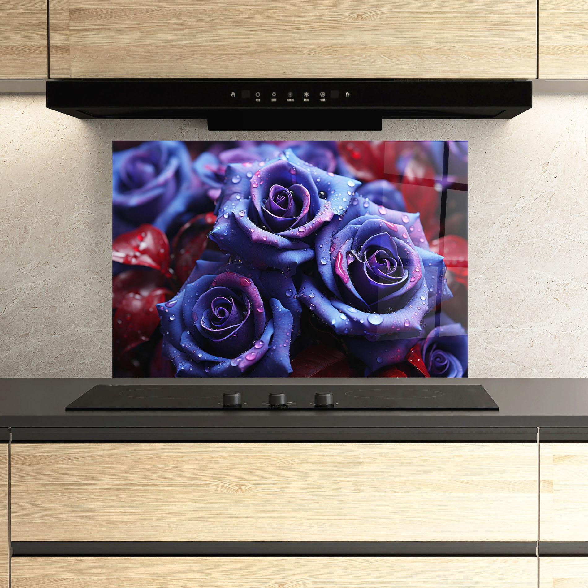Küchenrückwand Glas Blue Purple Rose mockup 3