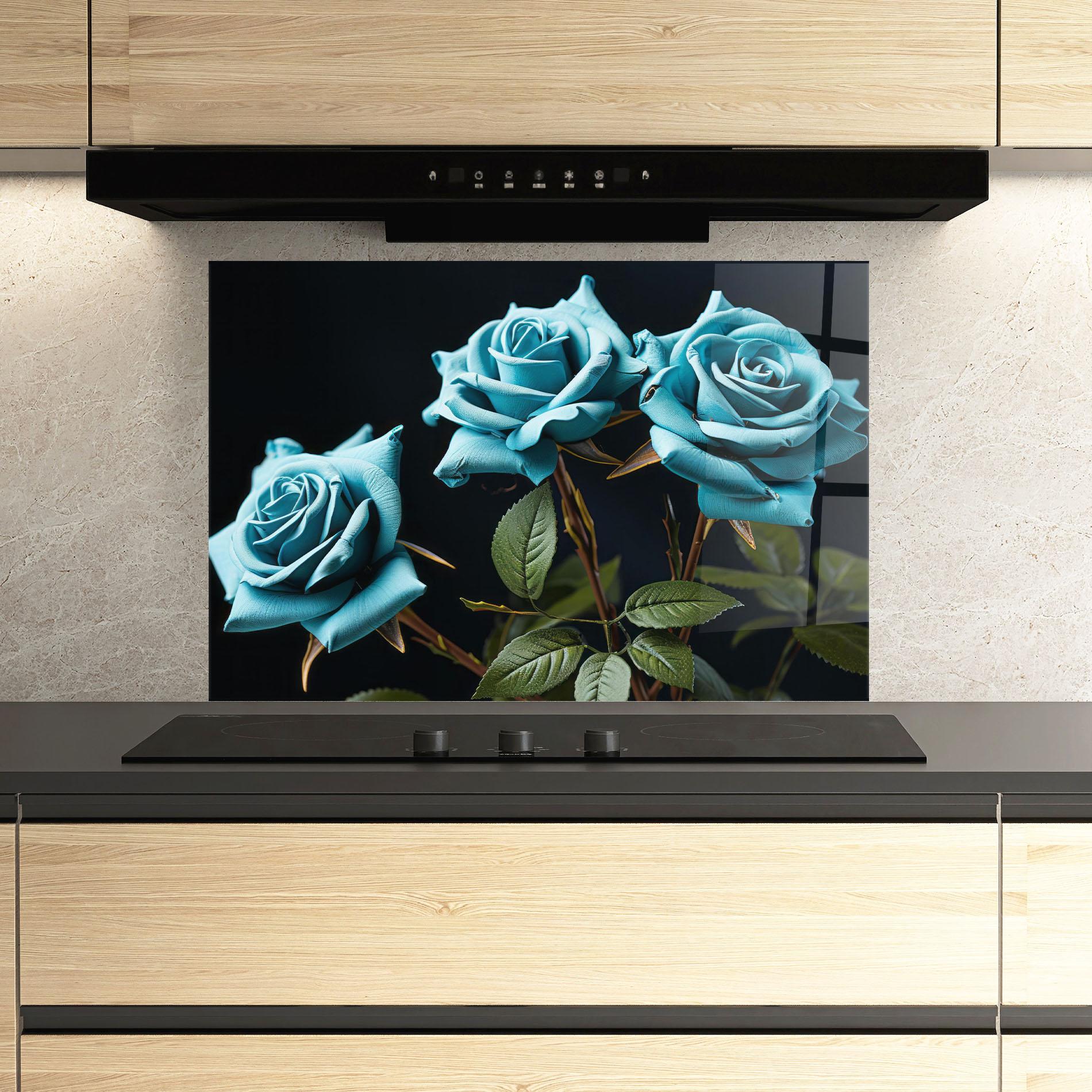 Küchenrückwand Glas Blue Roses mockup 3