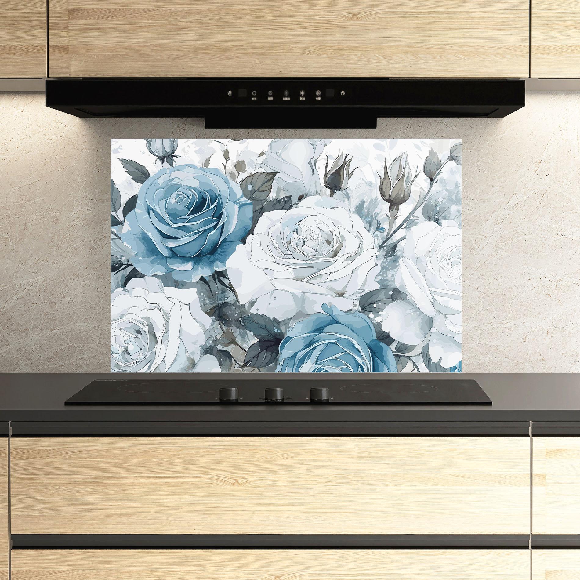 Küchenrückwand Glas Blue White Rose mockup 3