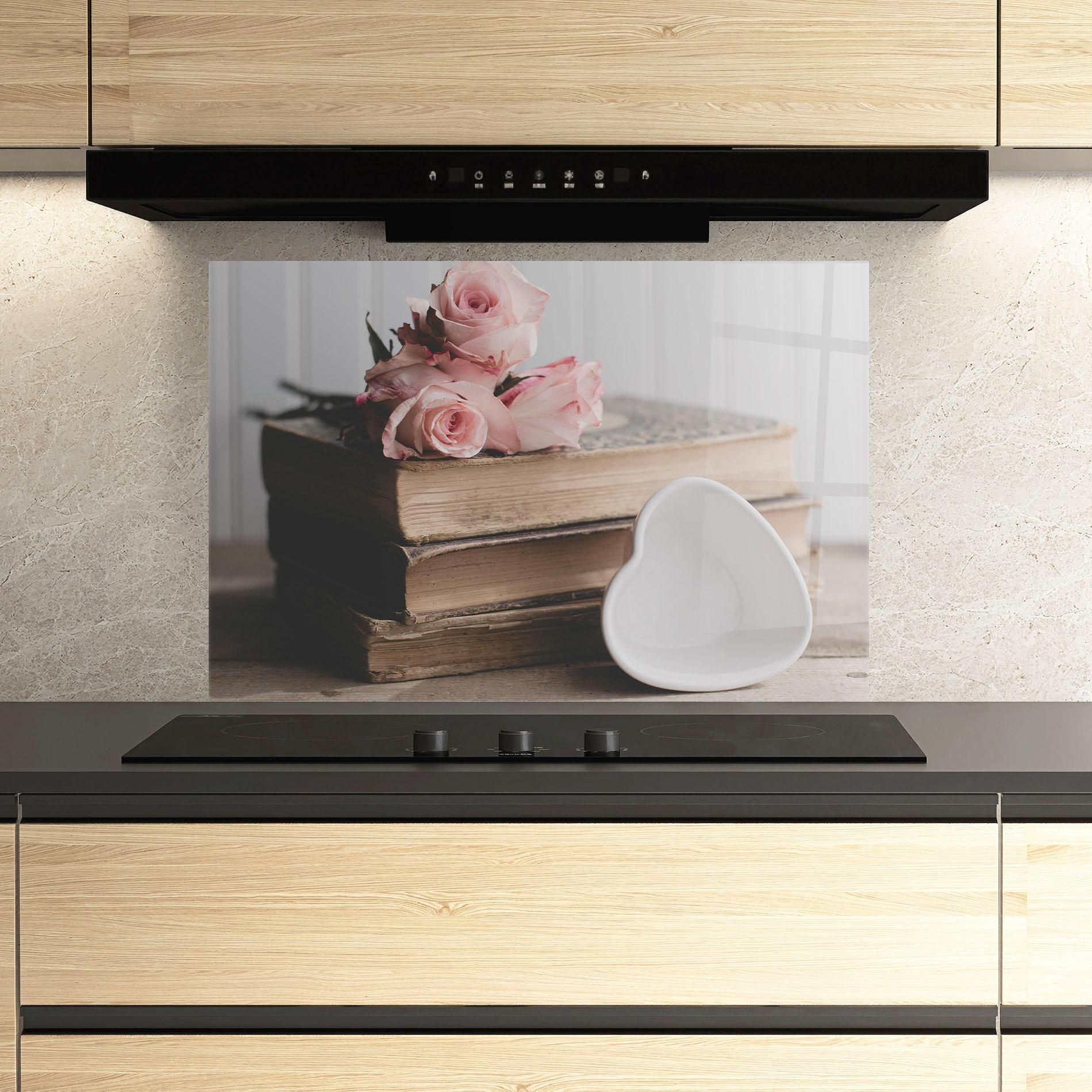 Küchenrückwand Glas Books With Roses mockup 3