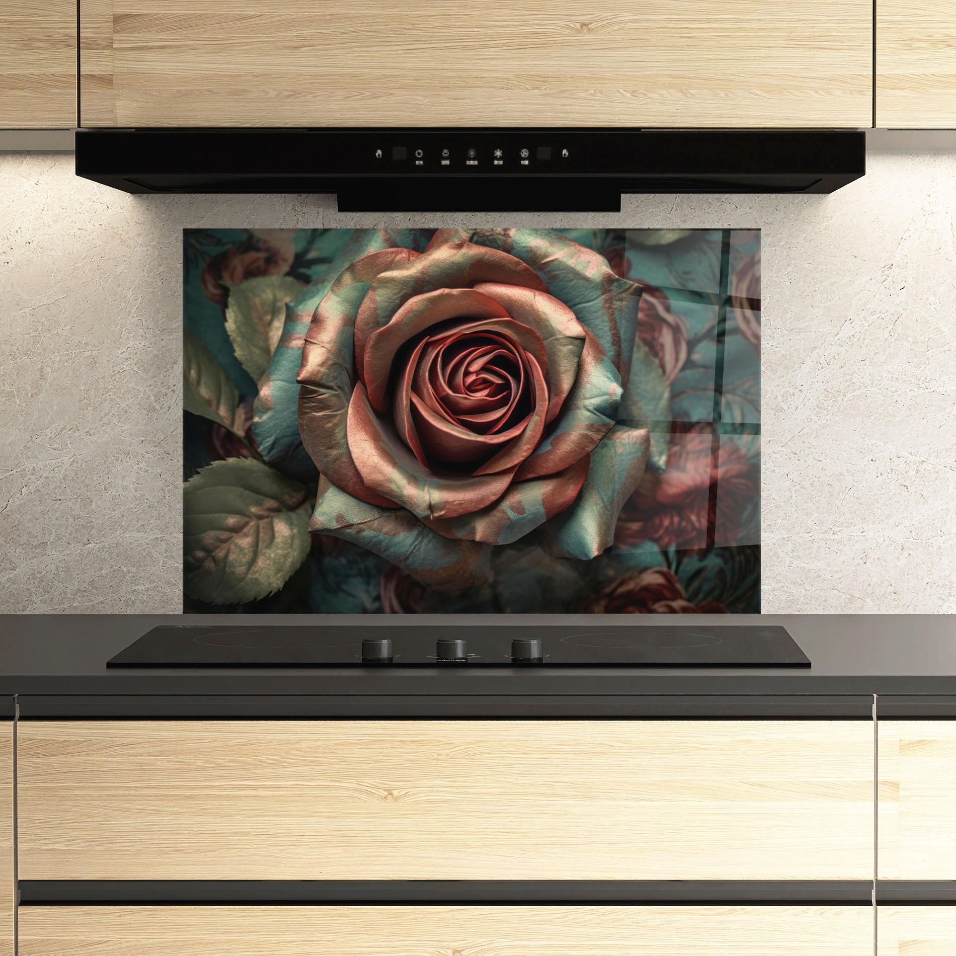 Küchenrückwand Glas Exotic Blue Rose mockup 3