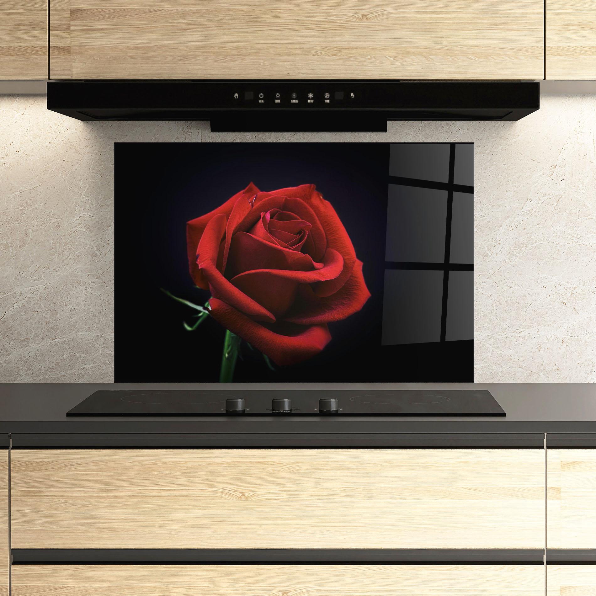 Küchenrückwand Glas Red Rose Close Up mockup 3