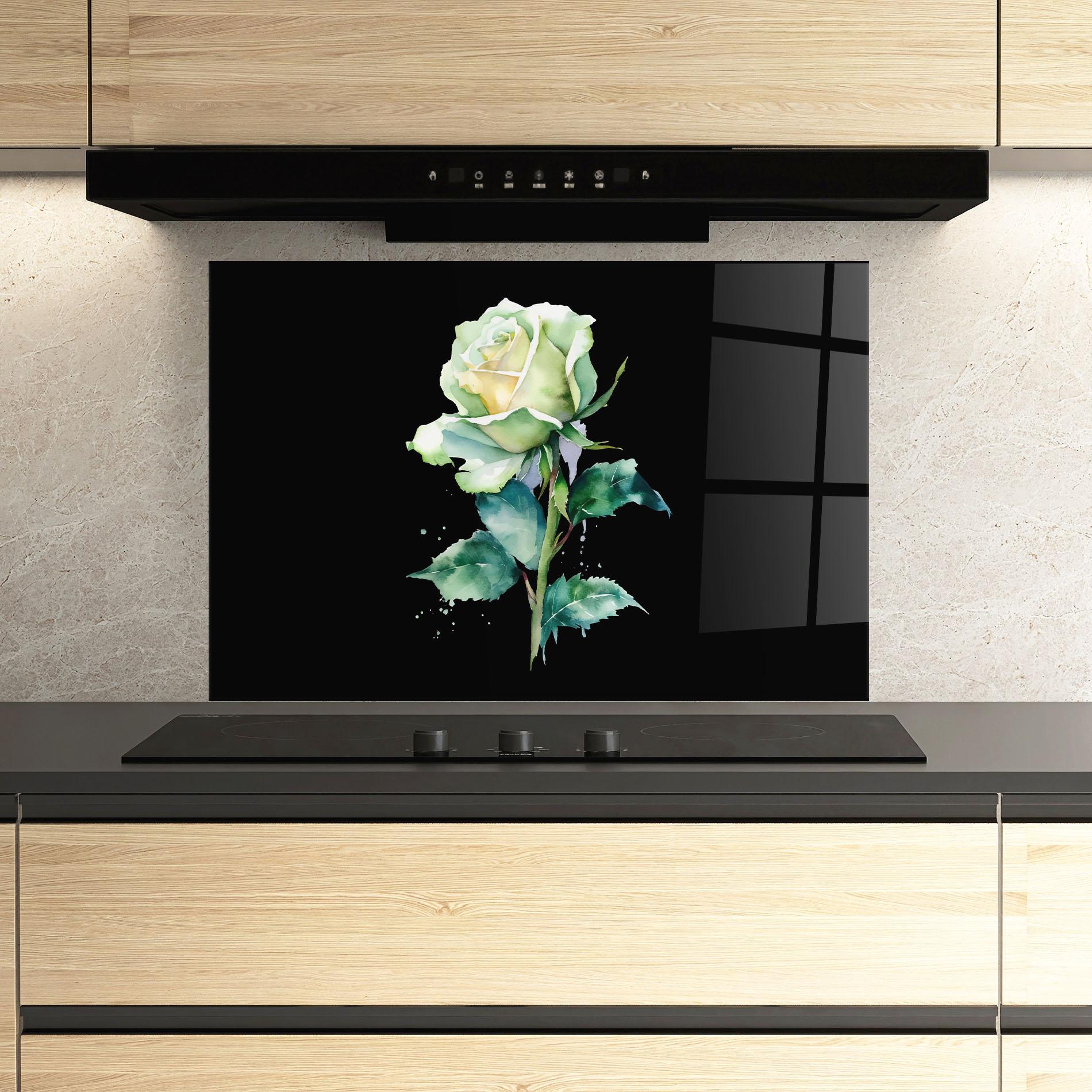 Küchenrückwand Glas White Green Rose mockup 3