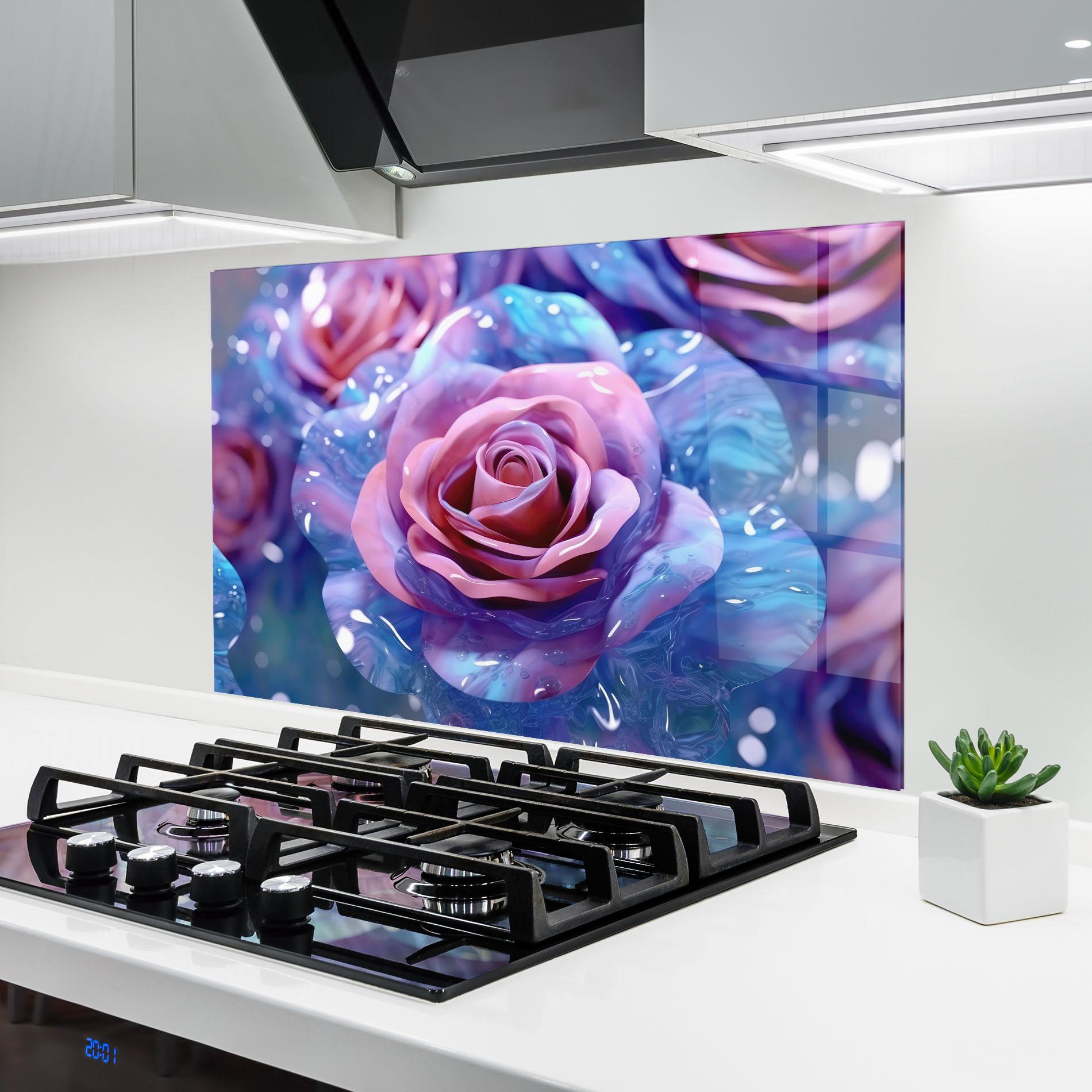 Küchenrückwand Glas Beautiful Blue Pink Rose mockup 6