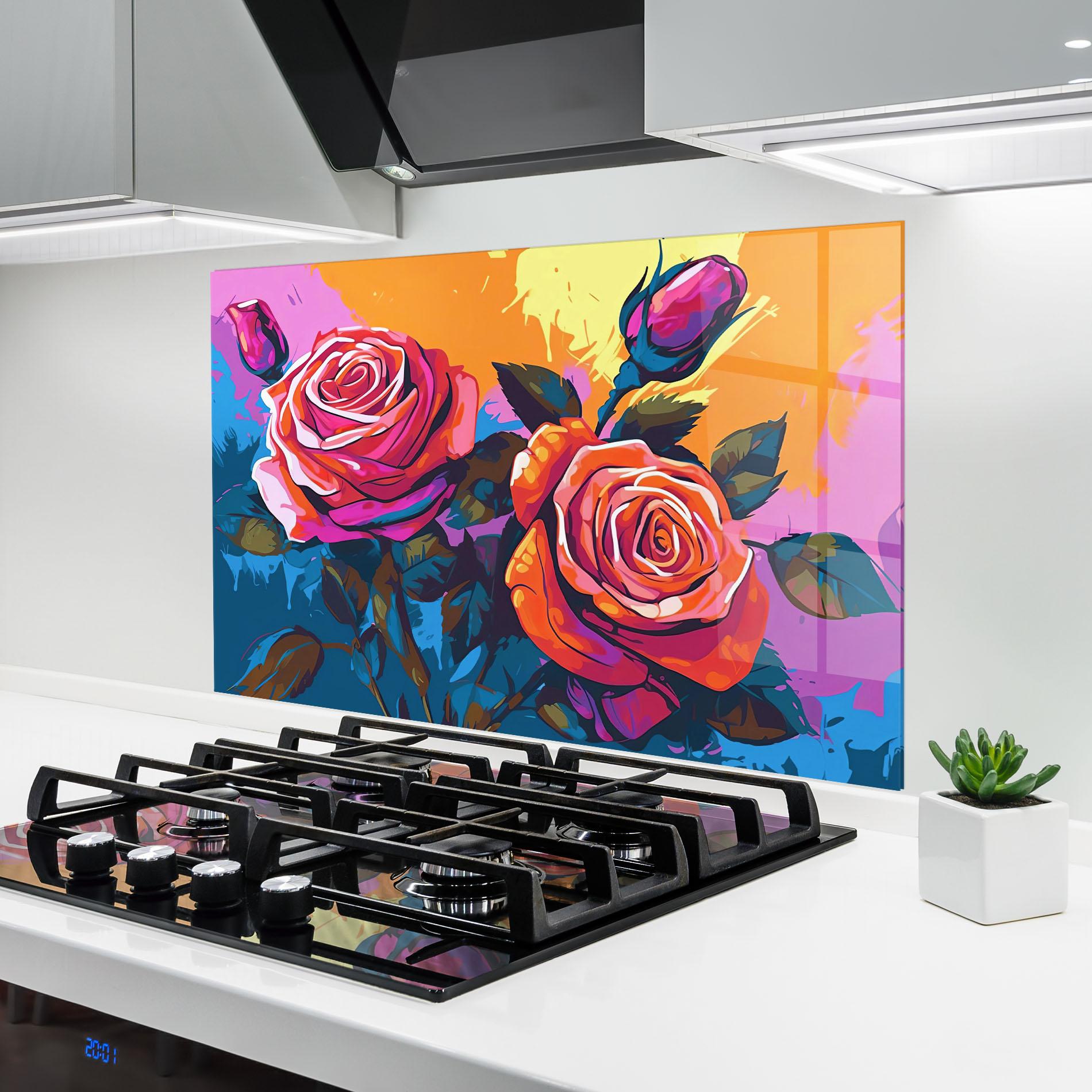 Küchenrückwand Glas Blue Orange Rose mockup 6