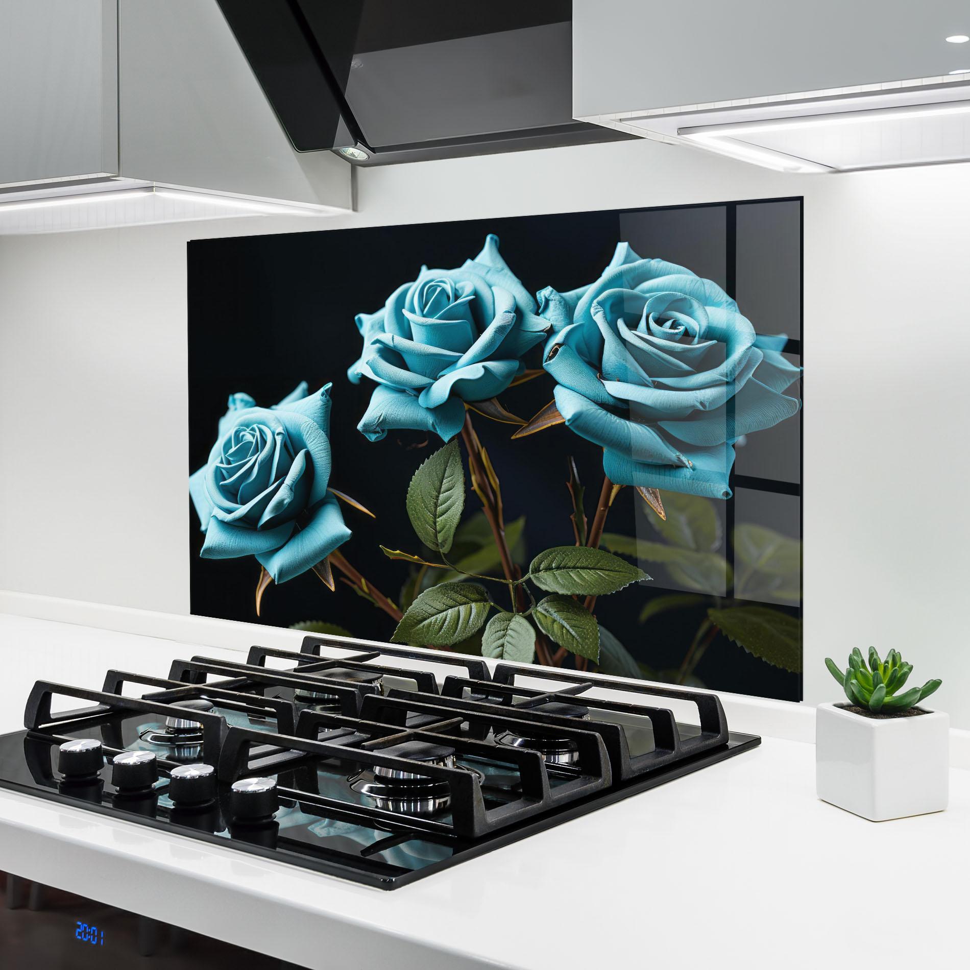 Küchenrückwand Glas Blue Roses mockup 6