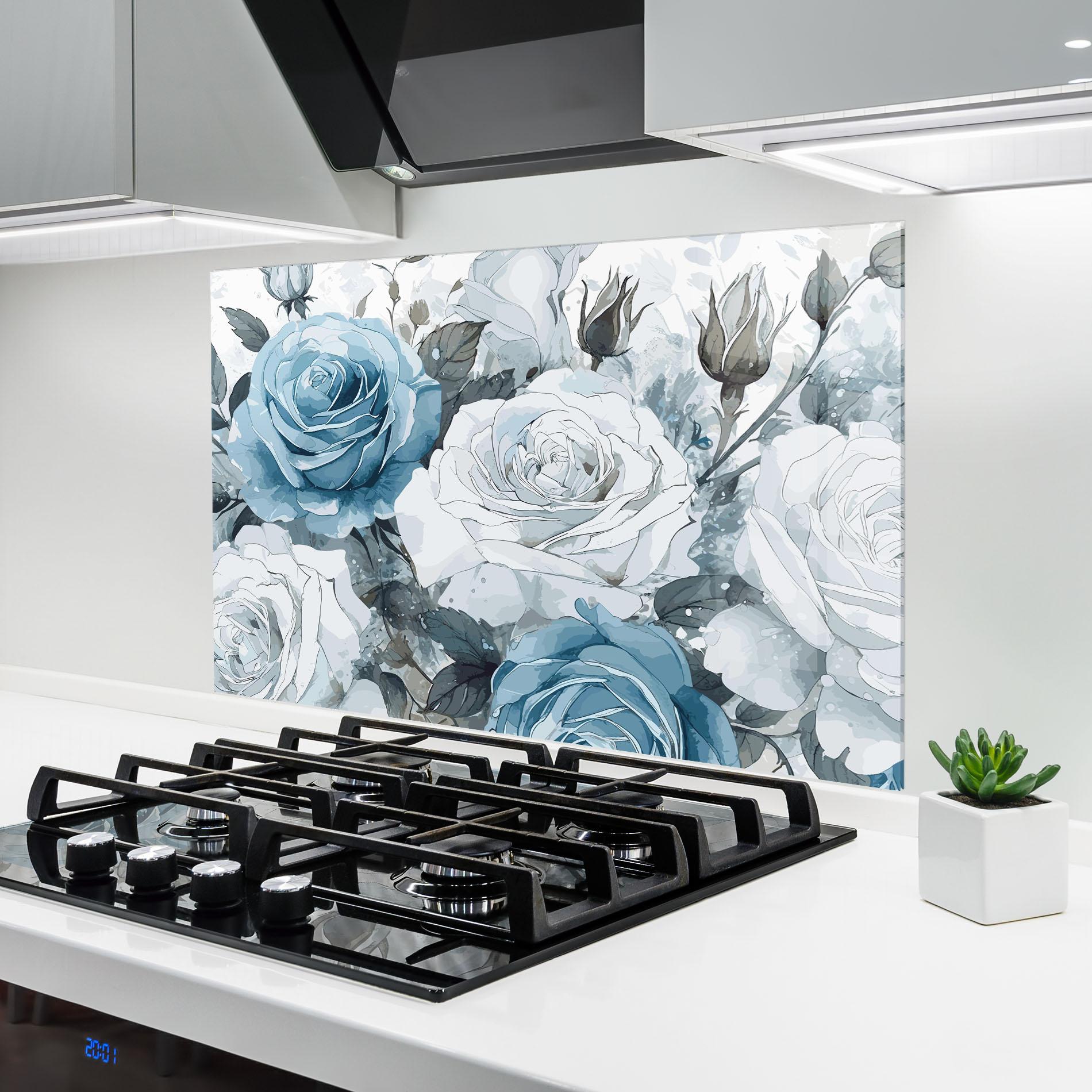 Küchenrückwand Glas Blue White Rose mockup 6