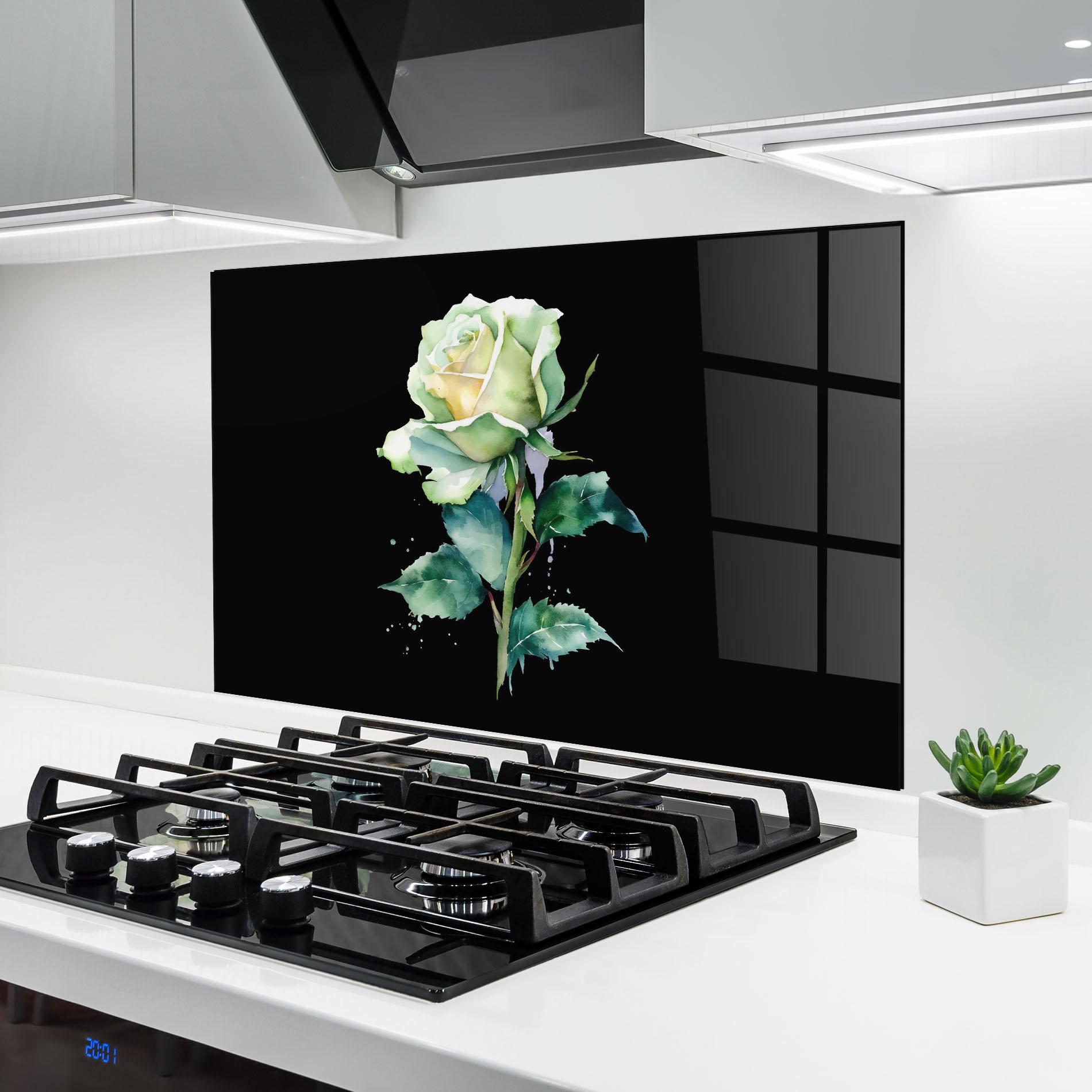 Küchenrückwand Glas White Green Rose mockup 6
