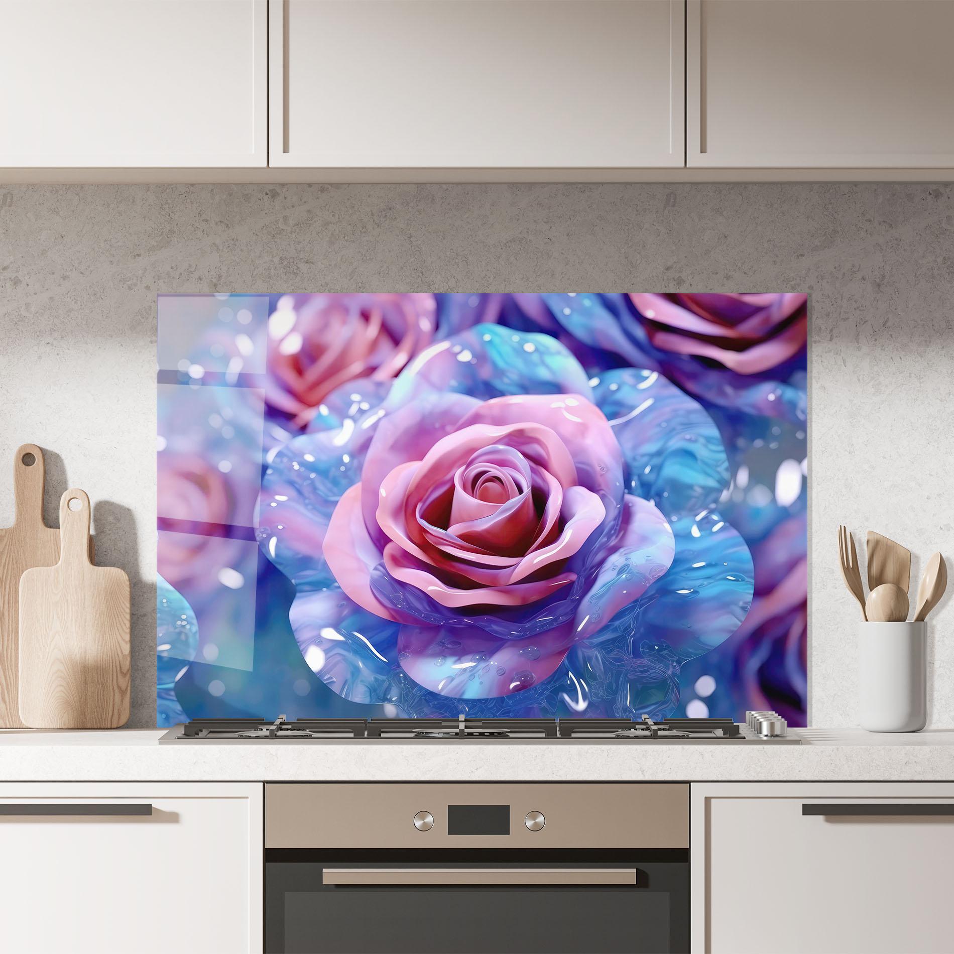 Küchenrückwand Glas Beautiful Blue Pink Rose mockup 7