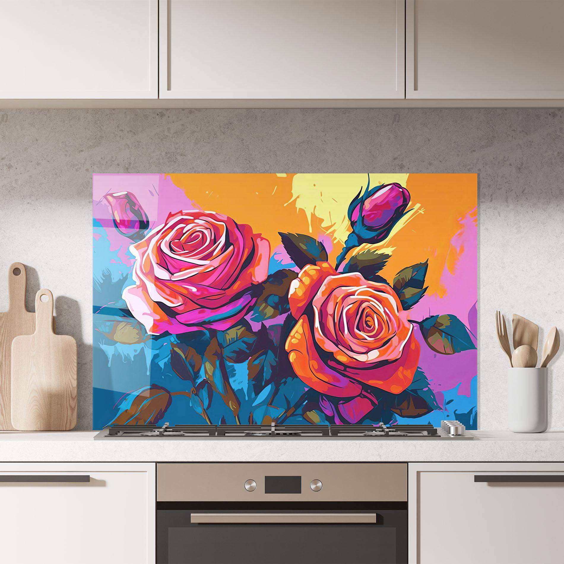 Küchenrückwand Glas Blue Orange Rose mockup 7