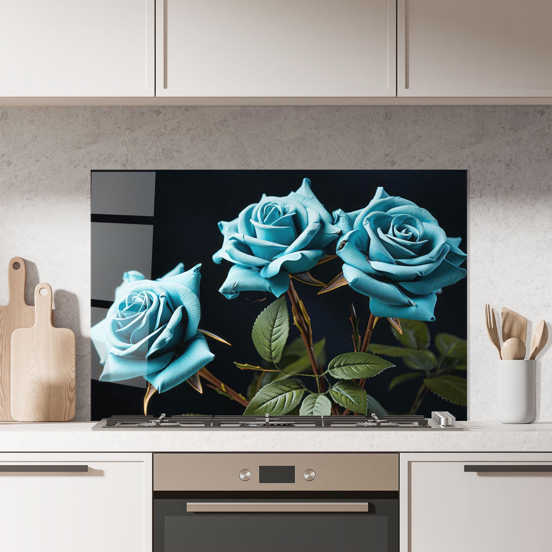 Küchenrückwand Glas Blue Roses mockup 7