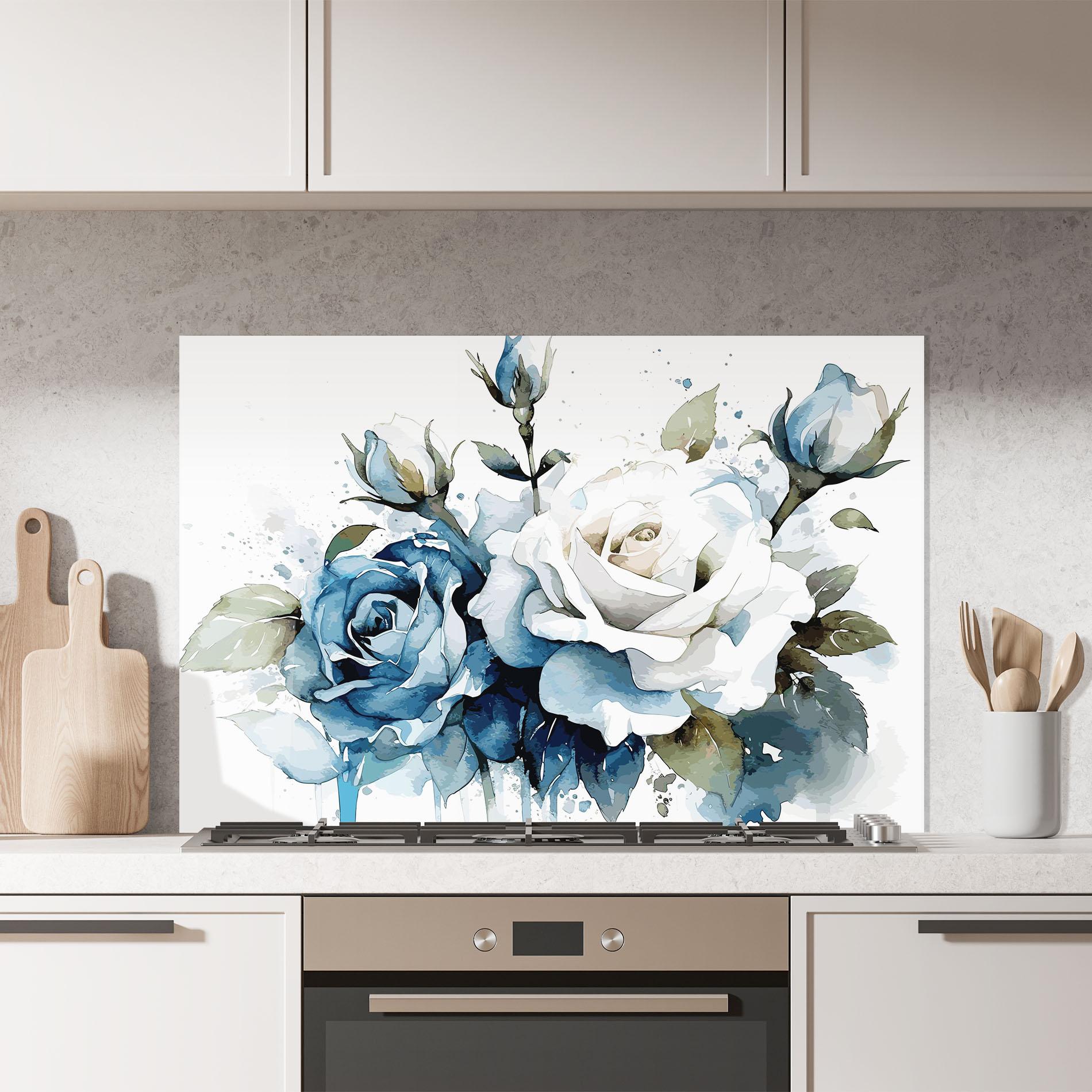 Küchenrückwand Glas Blue White Roses mockup 7