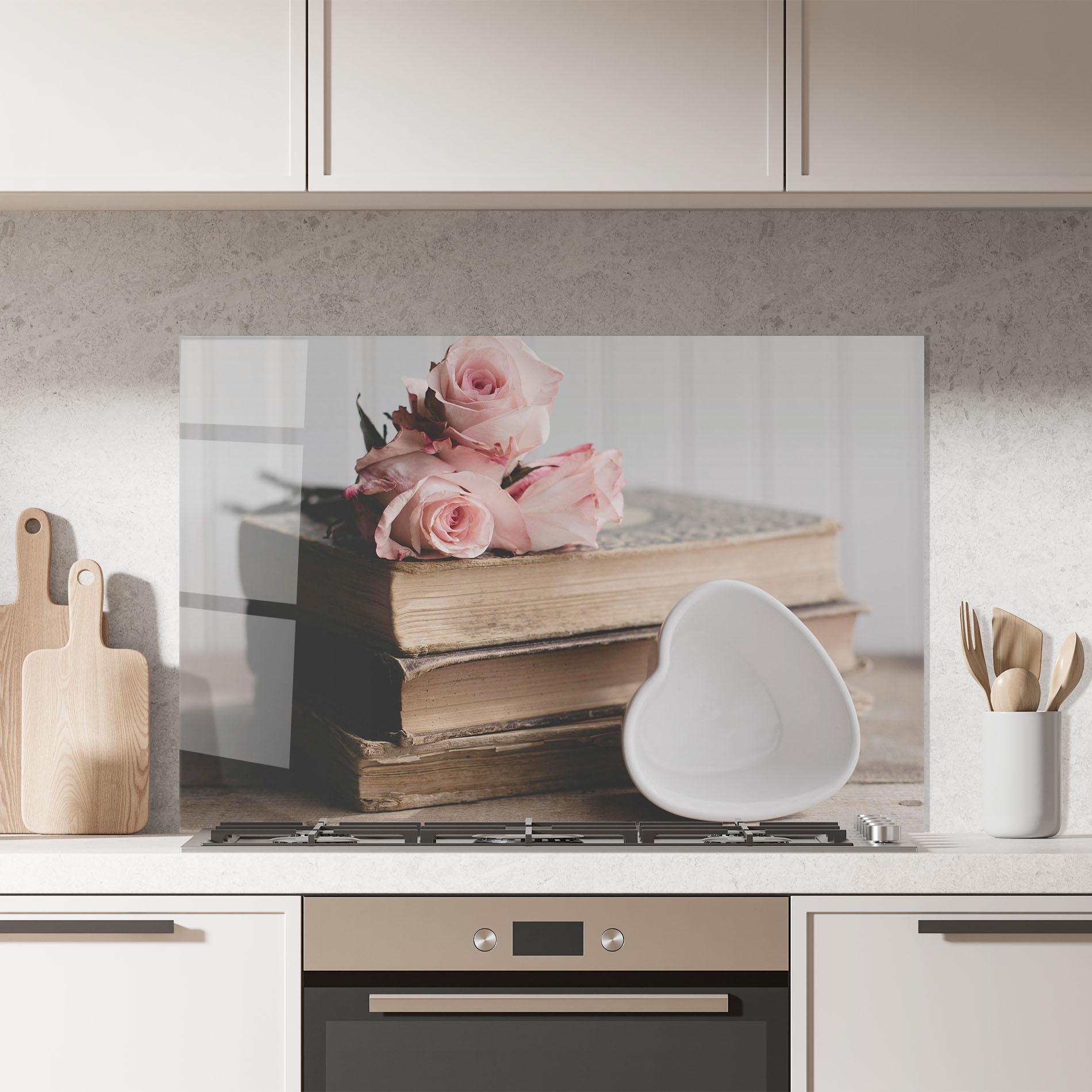 Küchenrückwand Glas Books With Roses mockup 7