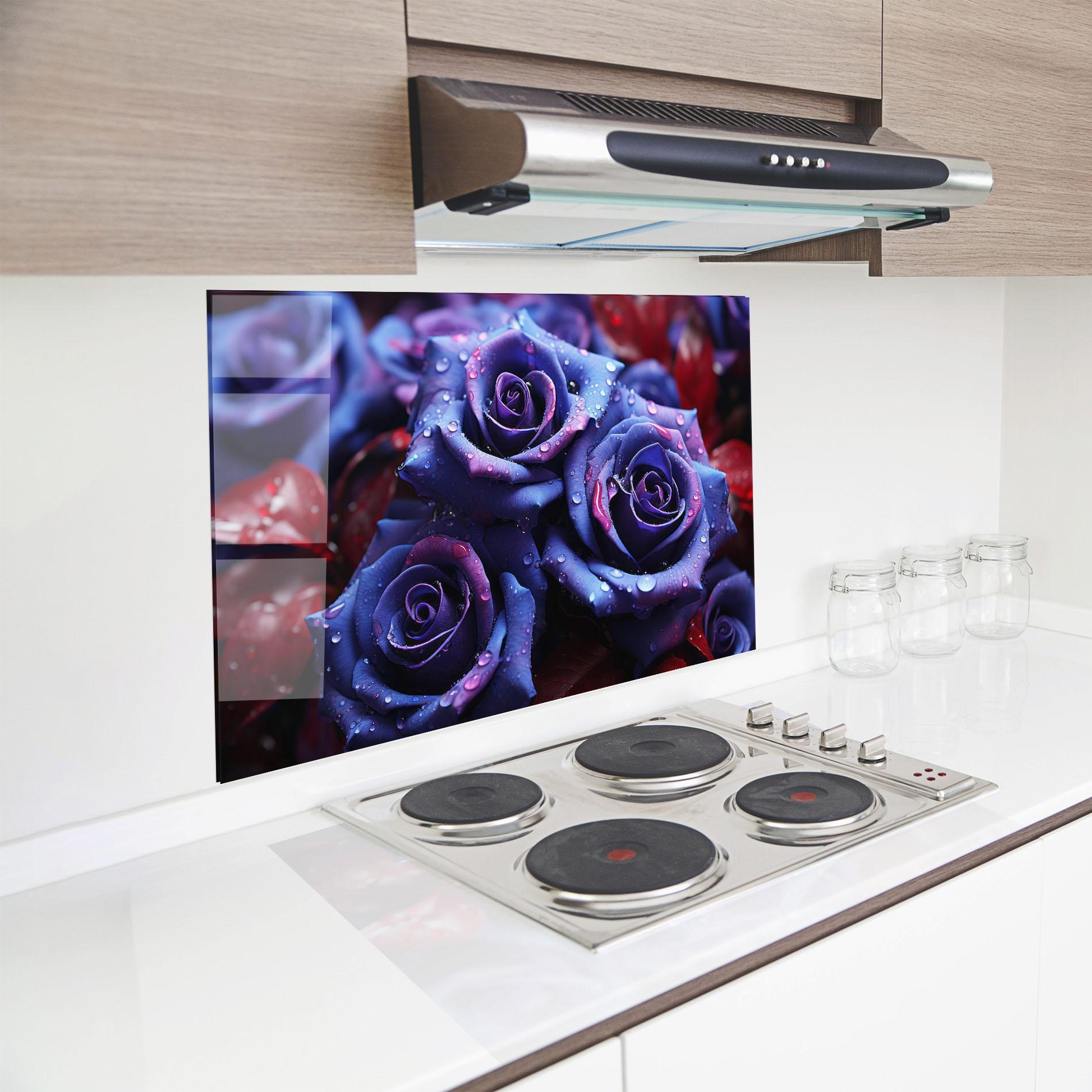 Küchenrückwand Glas Blue Purple Rose mockup 8