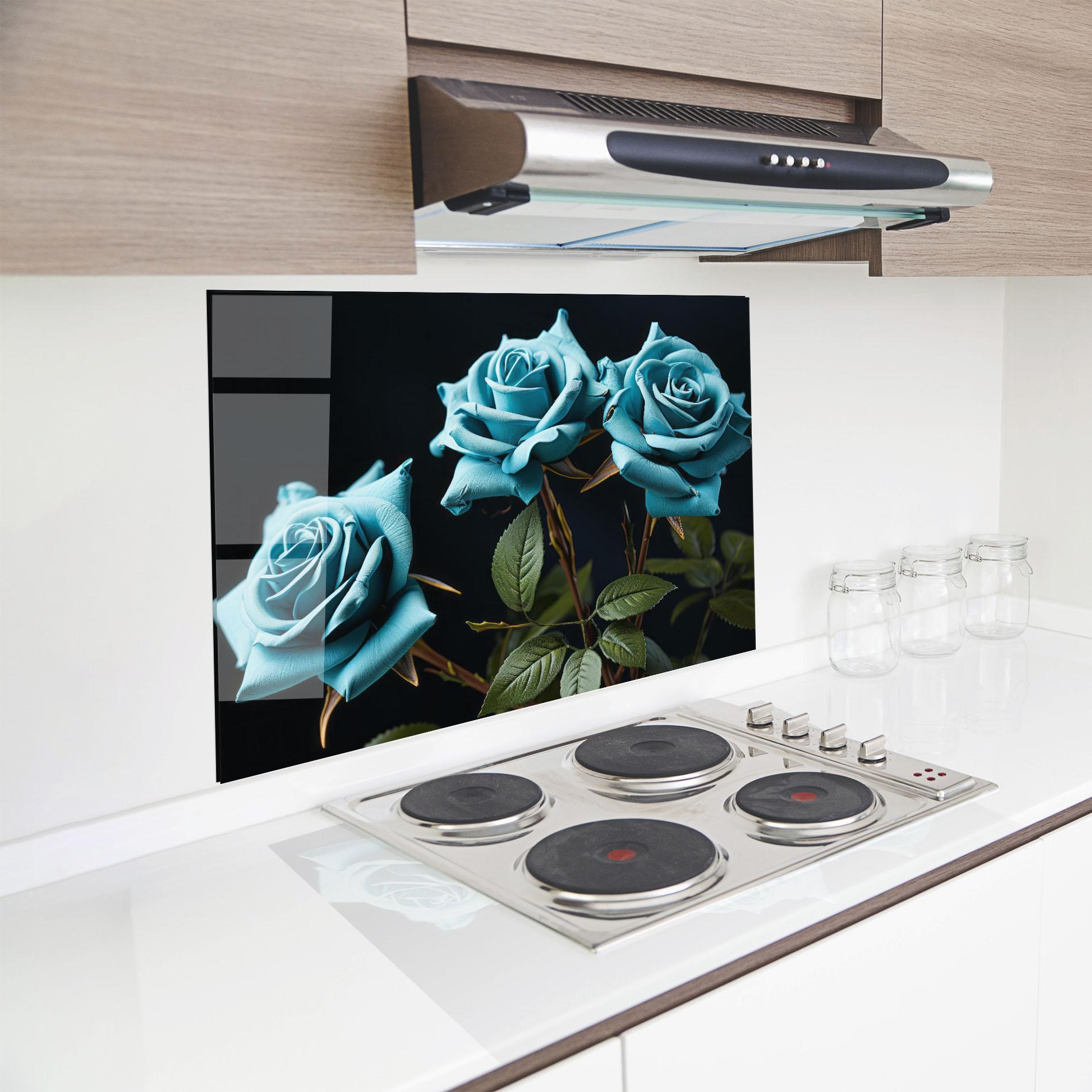 Küchenrückwand Glas Blue Roses mockup 8