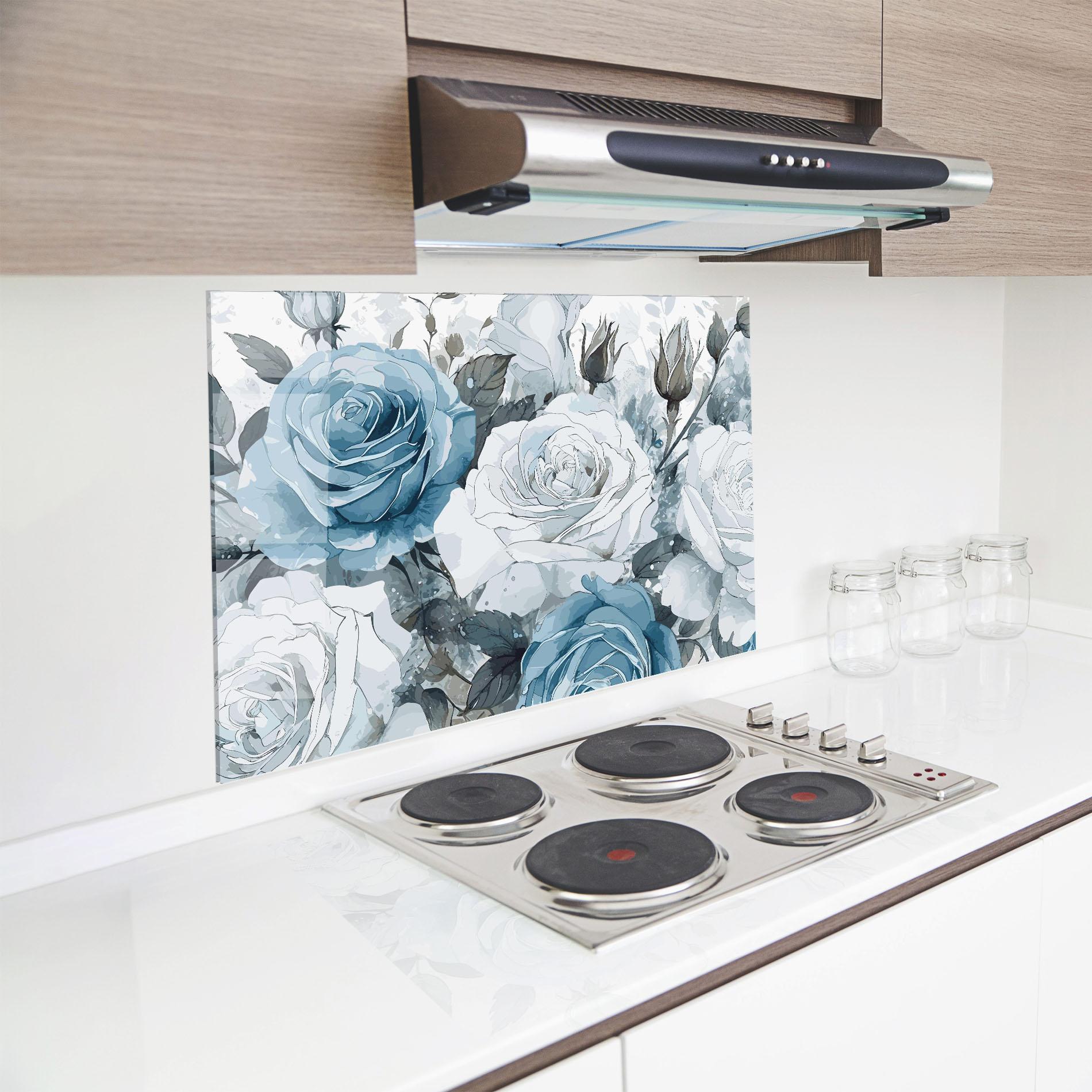 Küchenrückwand Glas Blue White Rose mockup 8
