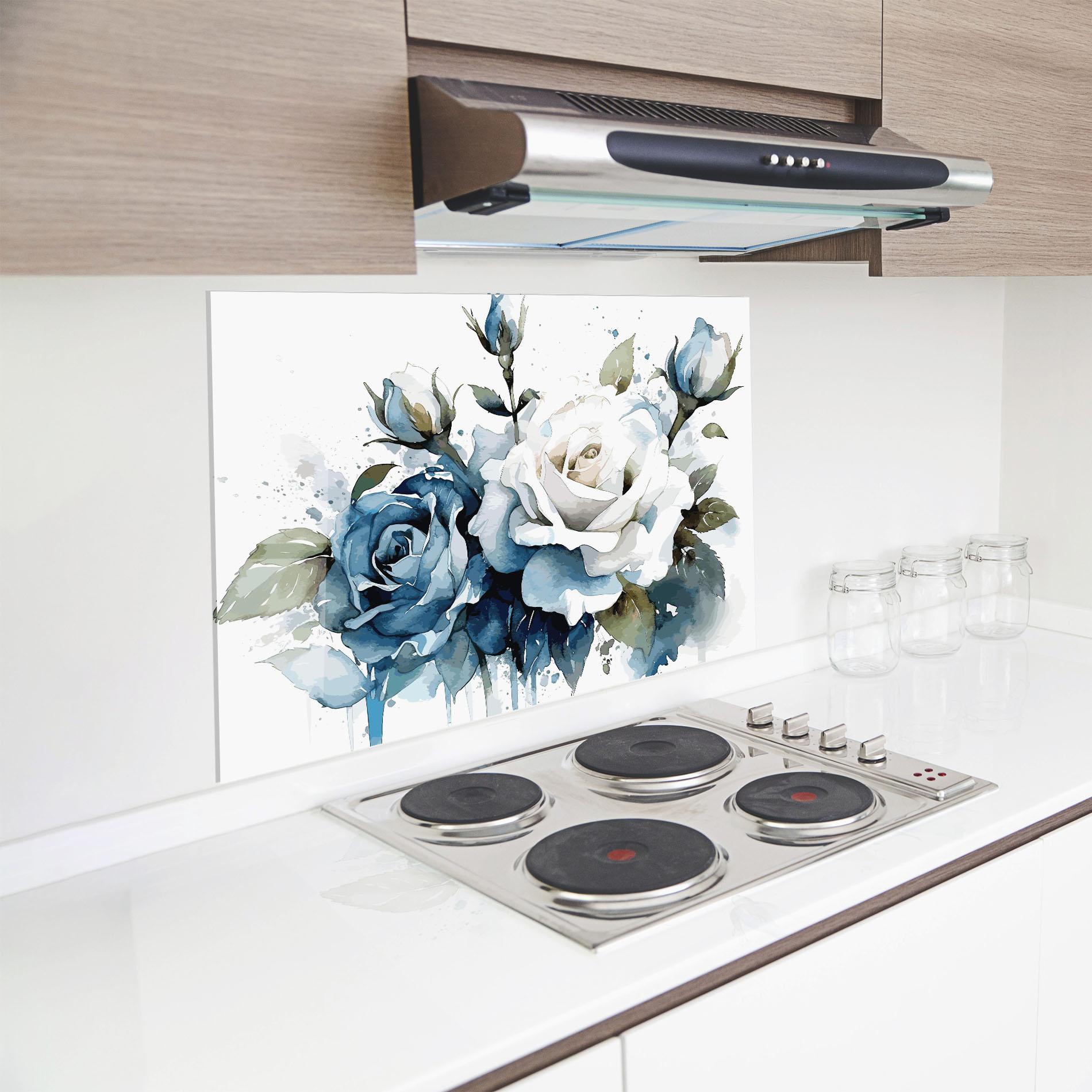 Küchenrückwand Glas Blue White Roses mockup 8