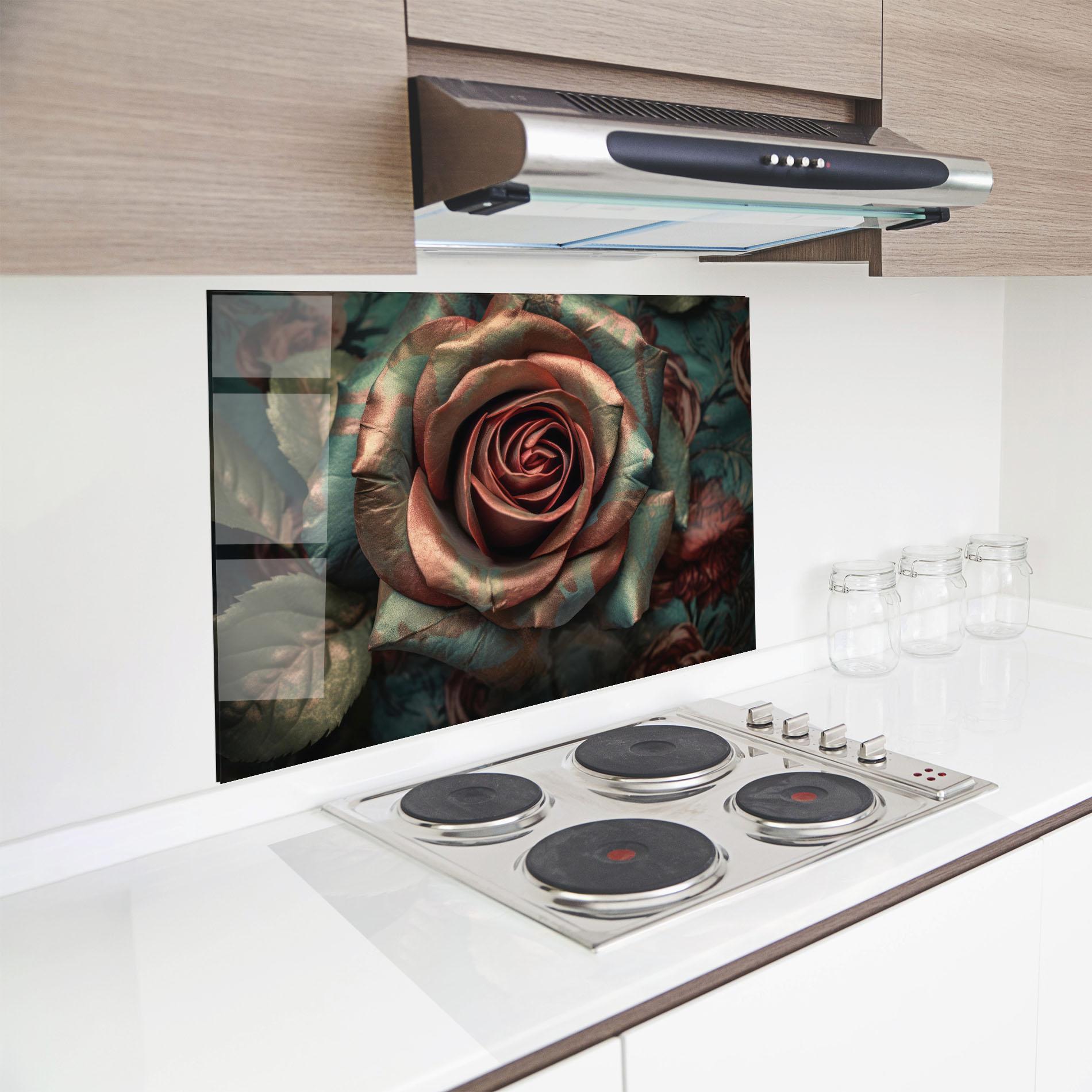Küchenrückwand Glas Exotic Blue Rose mockup 8