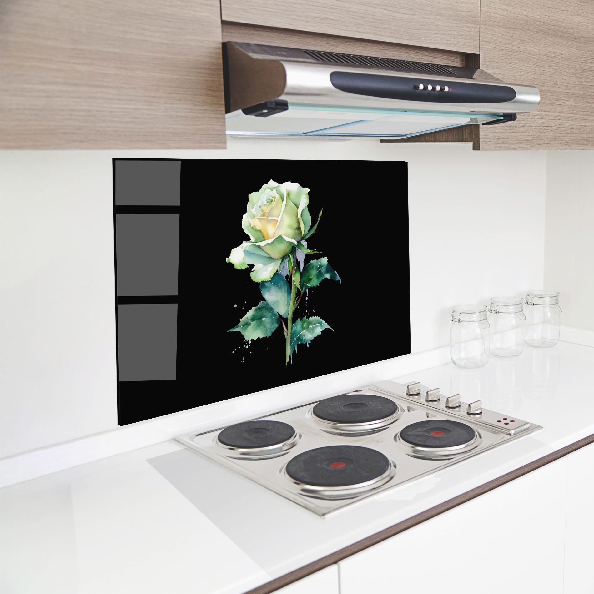 Küchenrückwand Glas White Green Rose mockup 8