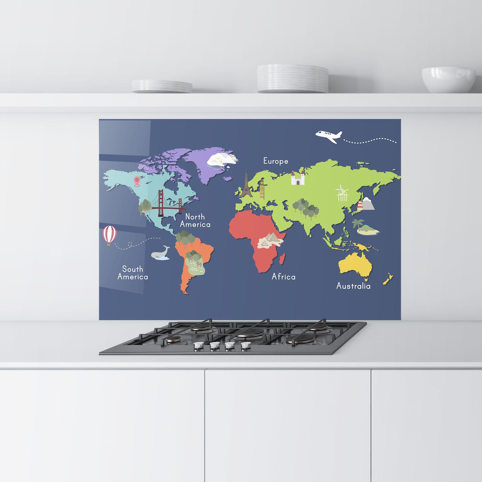 Küchenrückwand Glas Blue Map World mockup 9