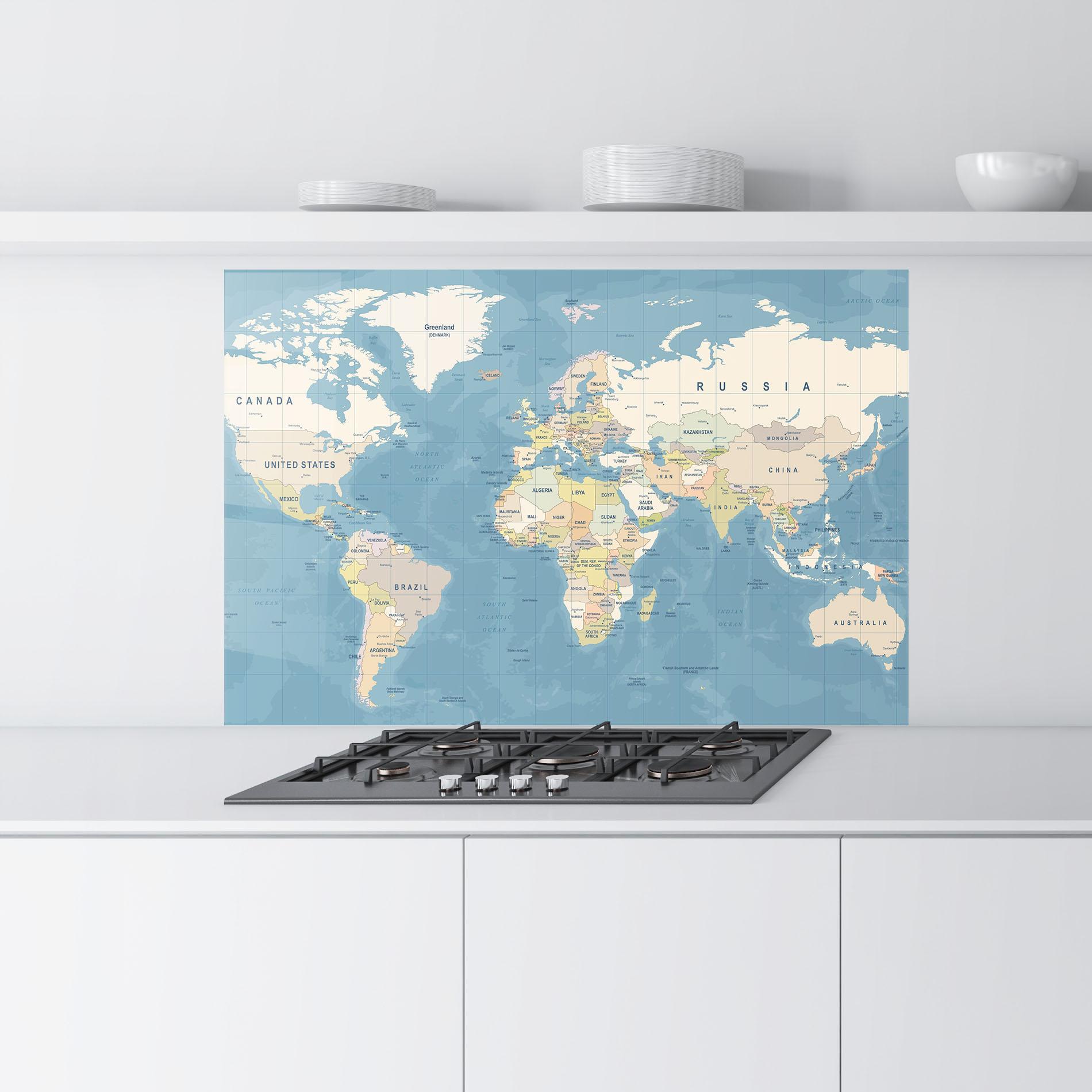 Küchenrückwand Glas Blue World Map mockup 9
