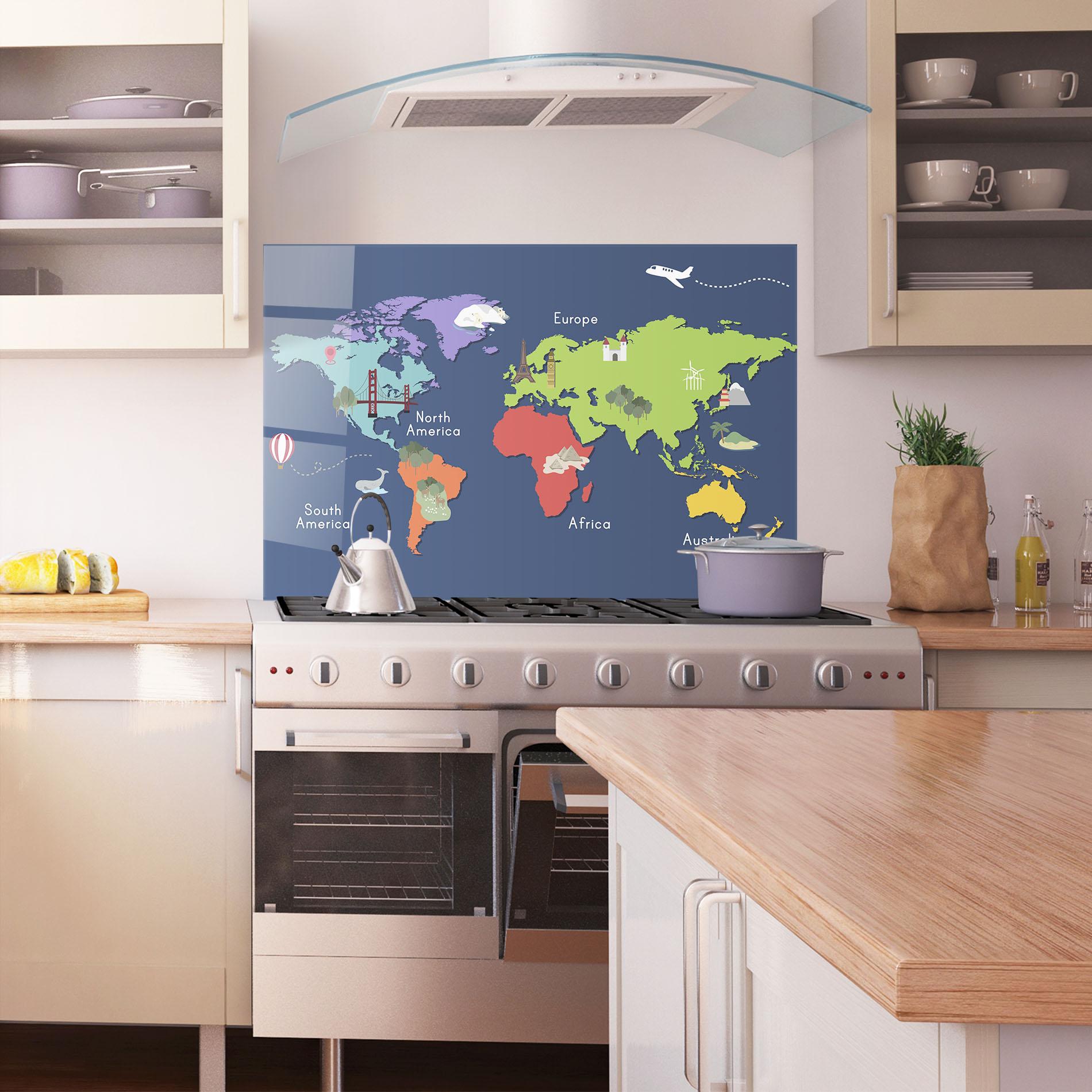 Küchenrückwand Glas Blue Map World mockup 1