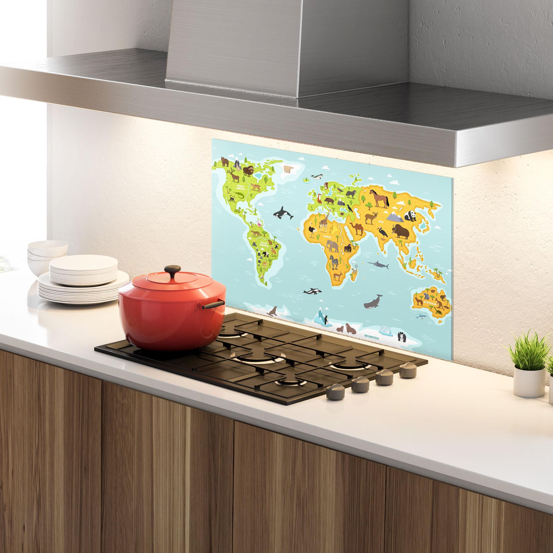 Küchenrückwand Glas Animals World Map mockup 4