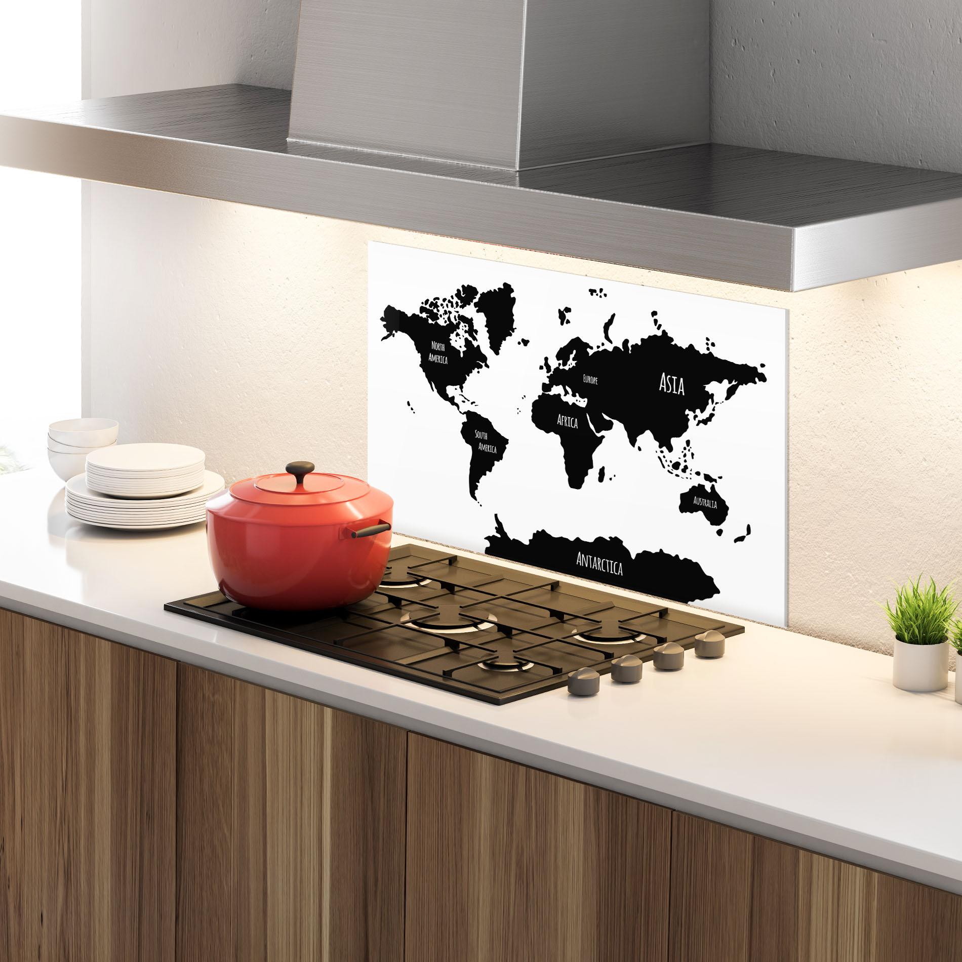 Küchenrückwand Glas Black Map World mockup 4