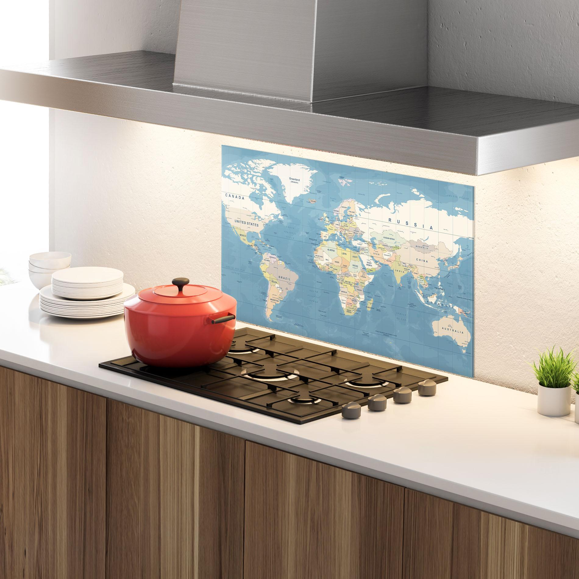 Küchenrückwand Glas Blue World Map mockup 4