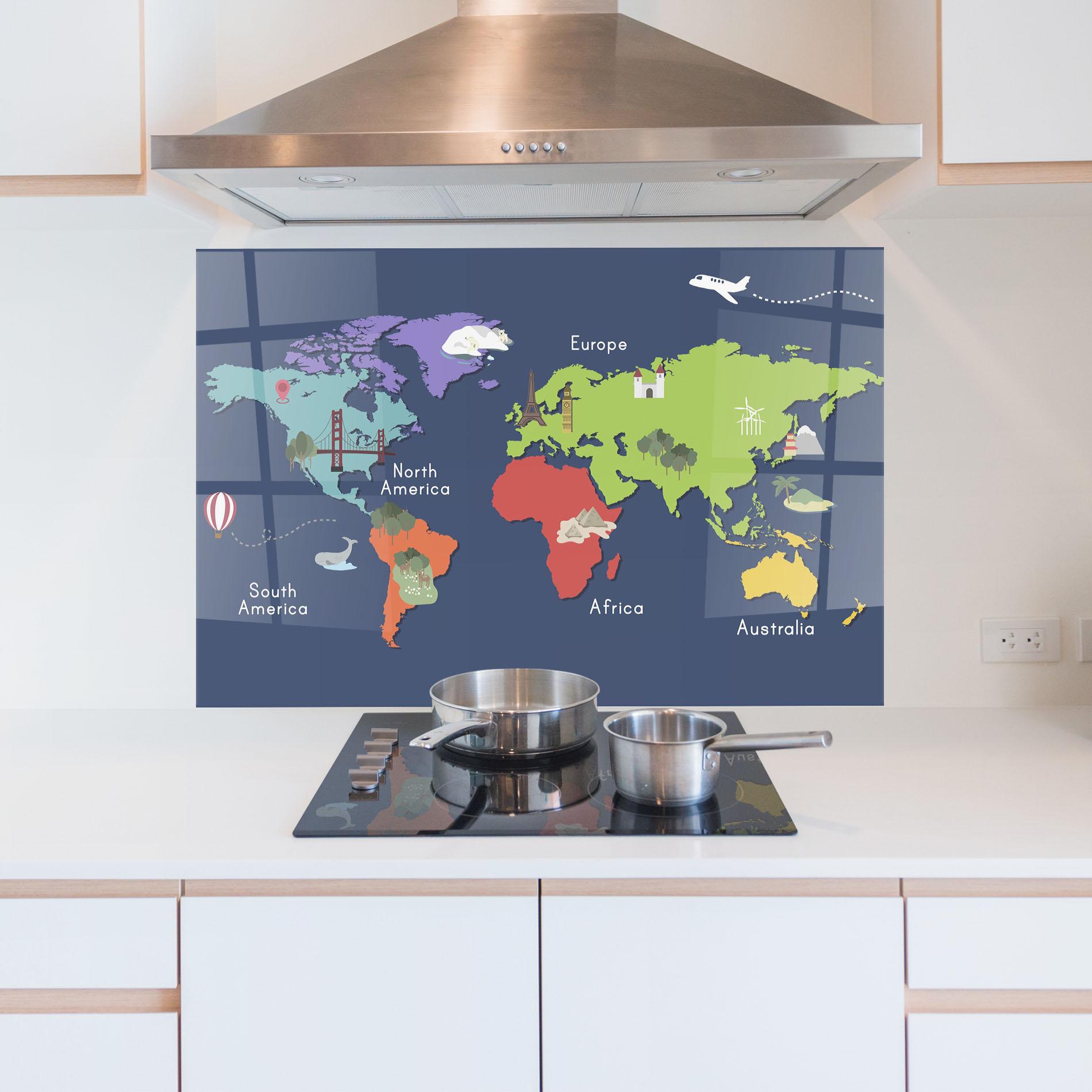 Küchenrückwand Glas Blue Map World mockup 5