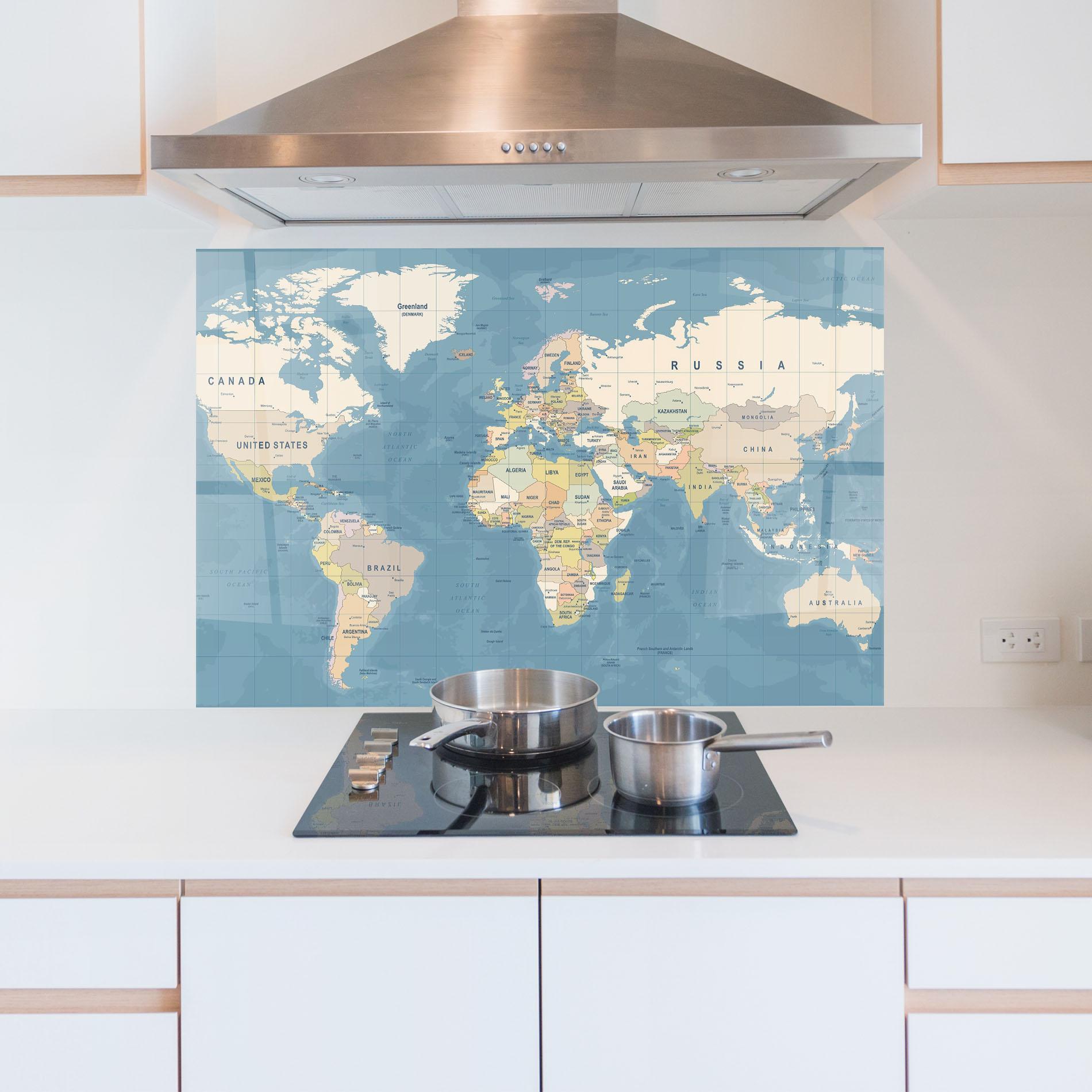 Küchenrückwand Glas Blue World Map mockup 5