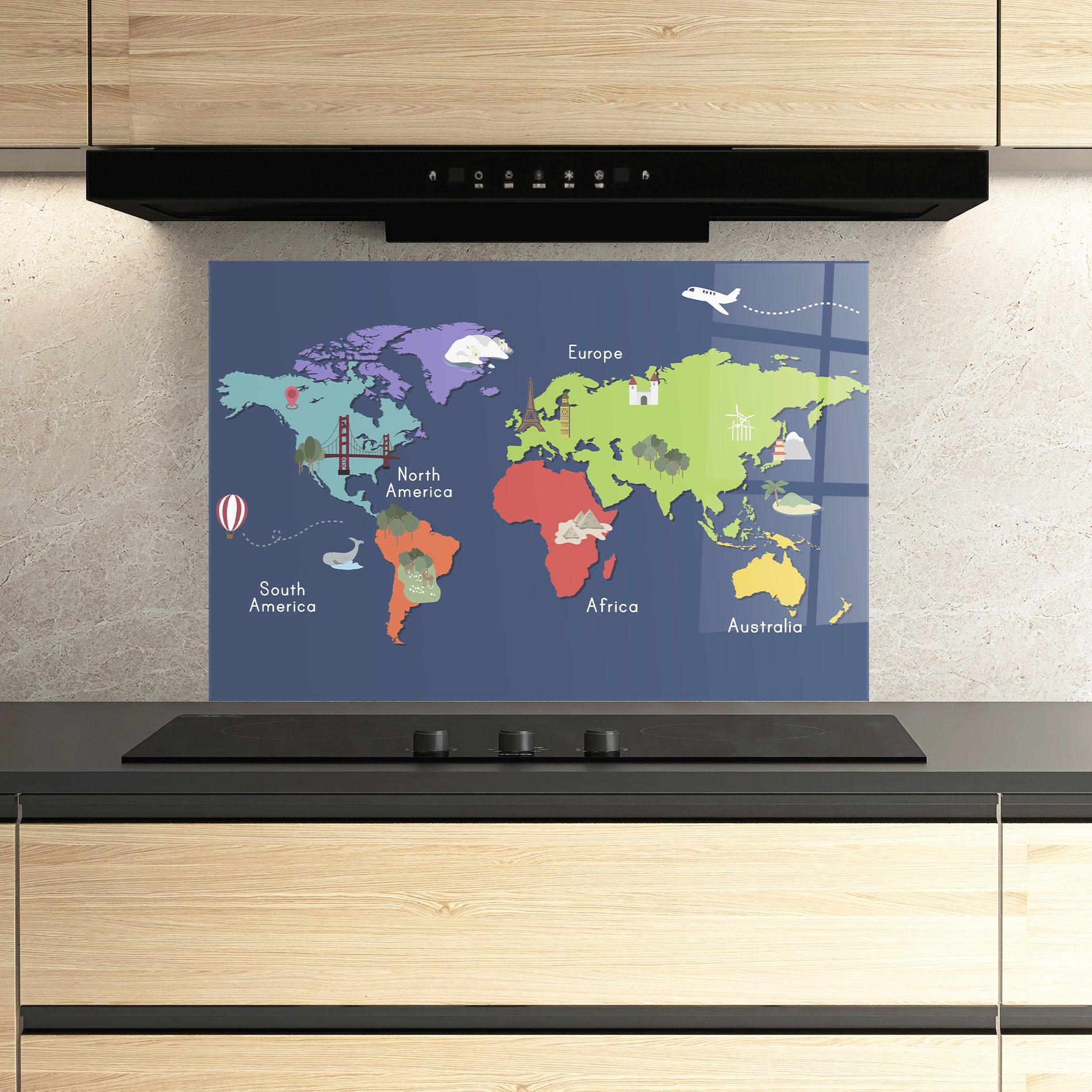 Küchenrückwand Glas Blue Map World mockup 3