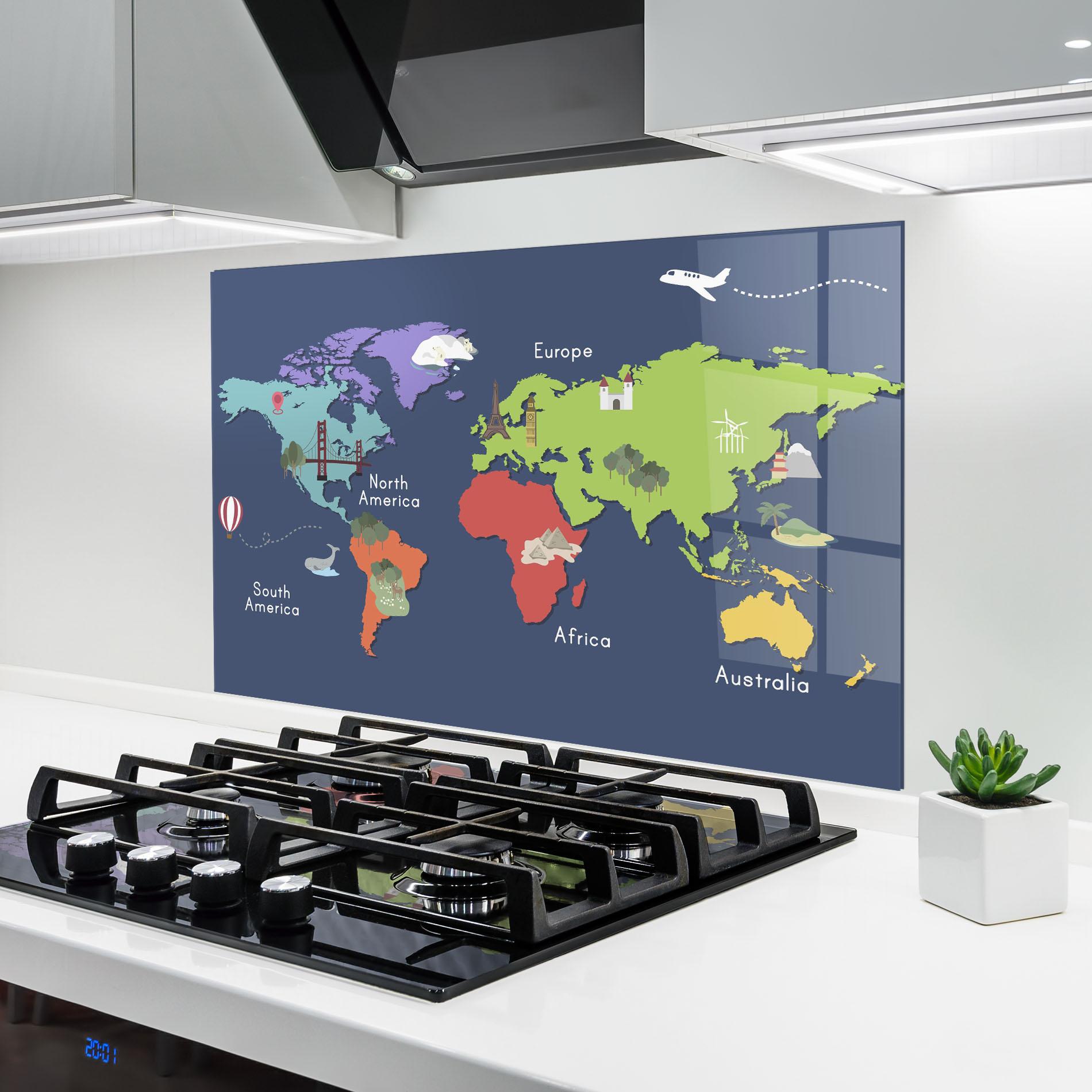 Küchenrückwand Glas Blue Map World mockup 6