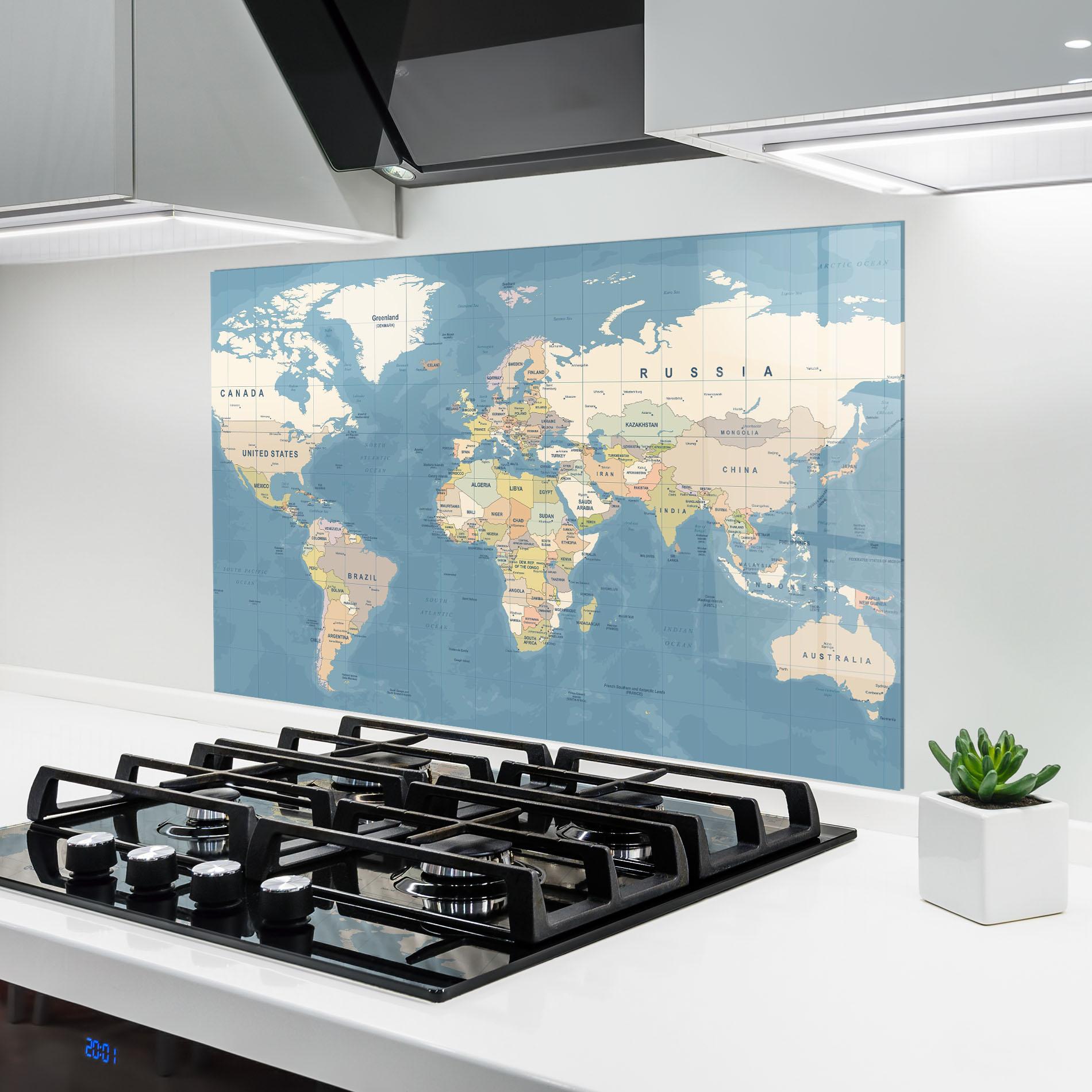 Küchenrückwand Glas Blue World Map mockup 6