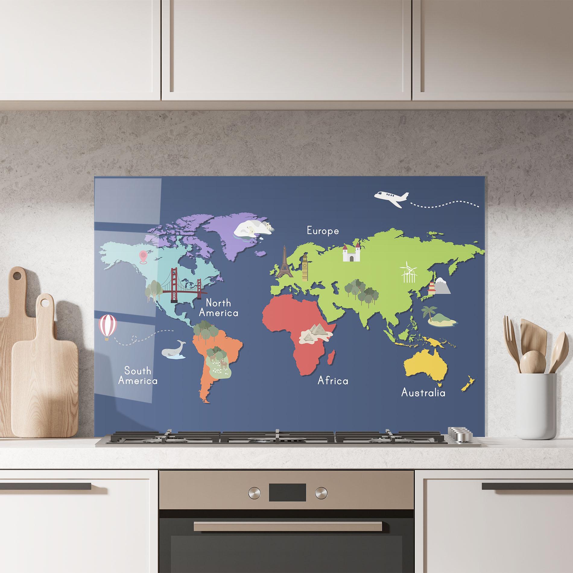 Küchenrückwand Glas Blue Map World mockup 7