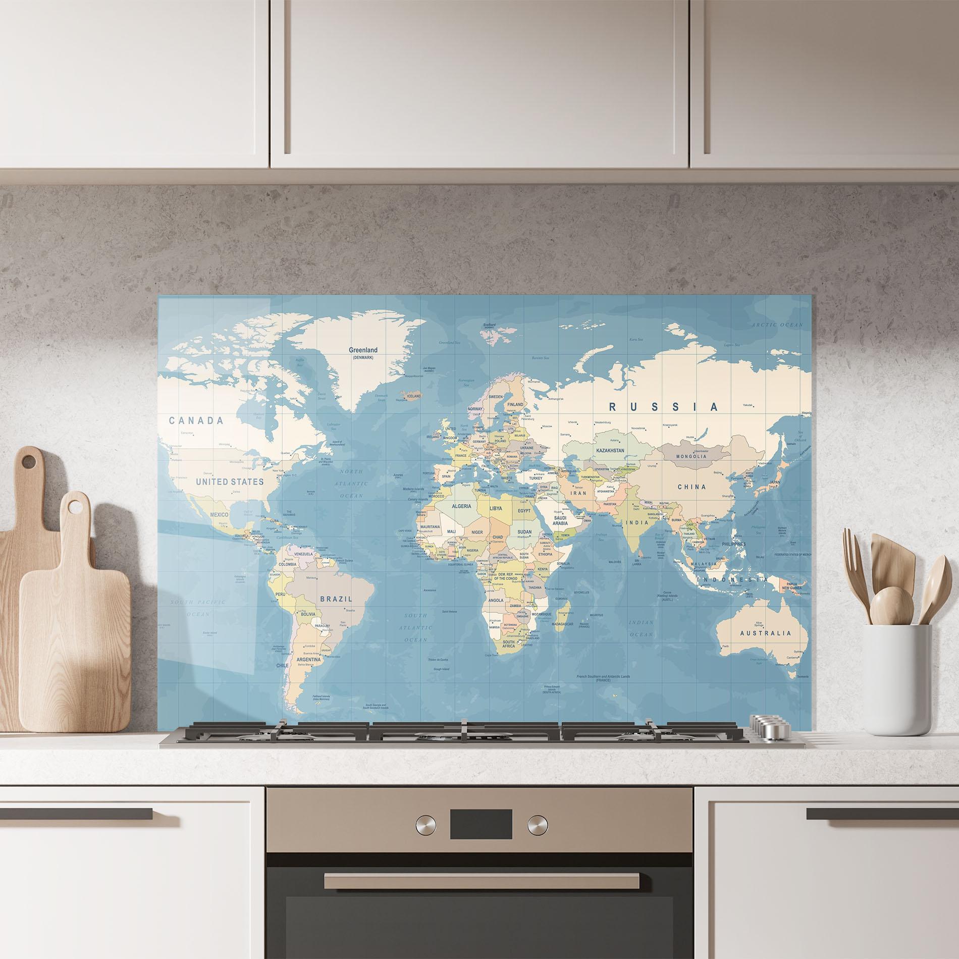 Küchenrückwand Glas Blue World Map mockup 7