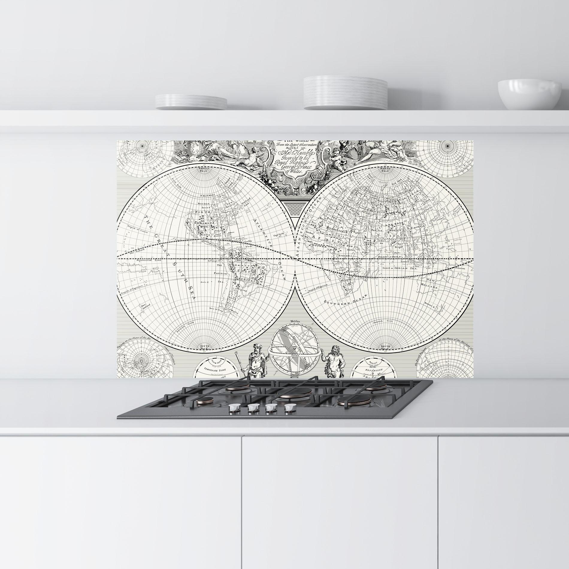 Küchenrückwand Glas Black White Map mockup 9