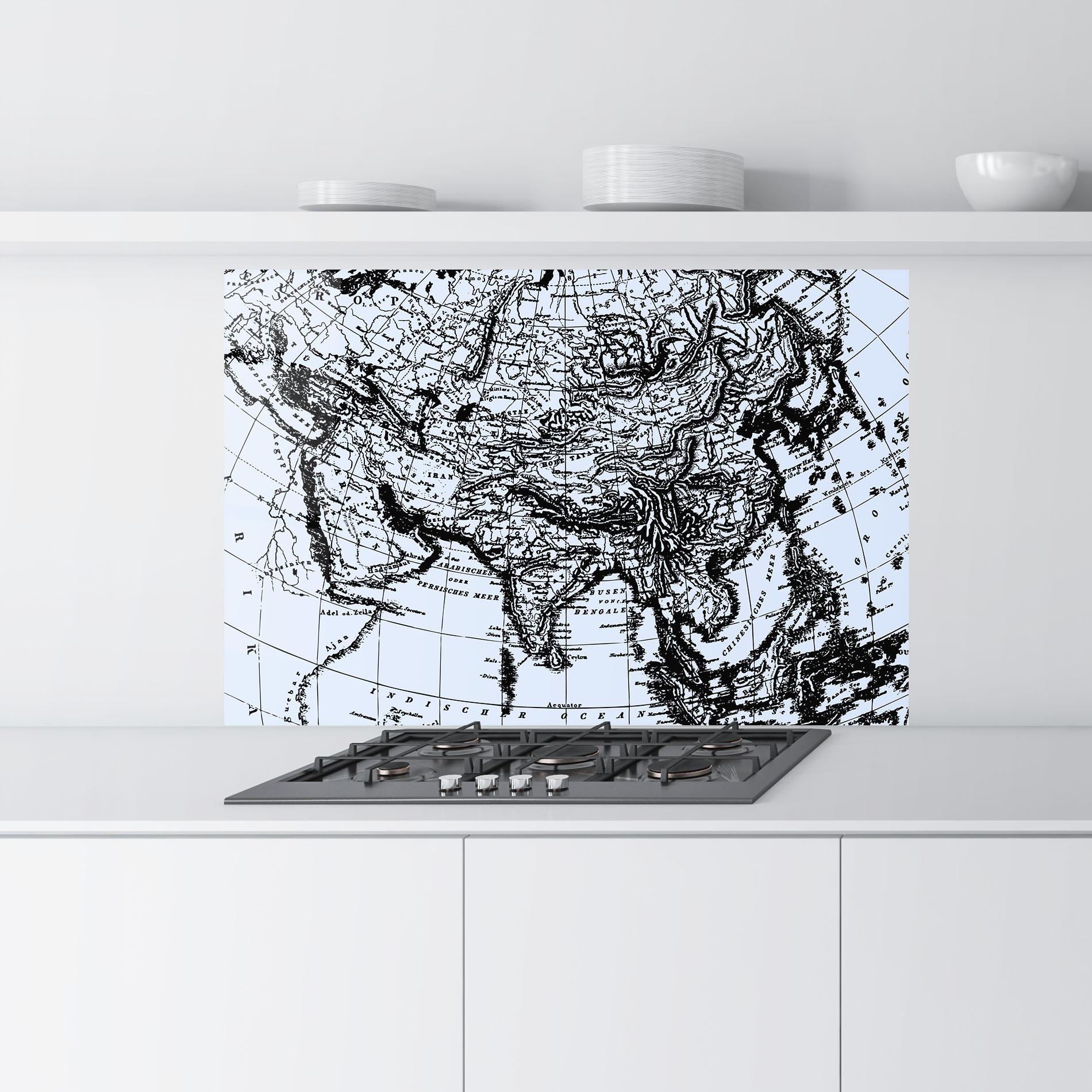Küchenrückwand Glas Blue Old Map mockup 9