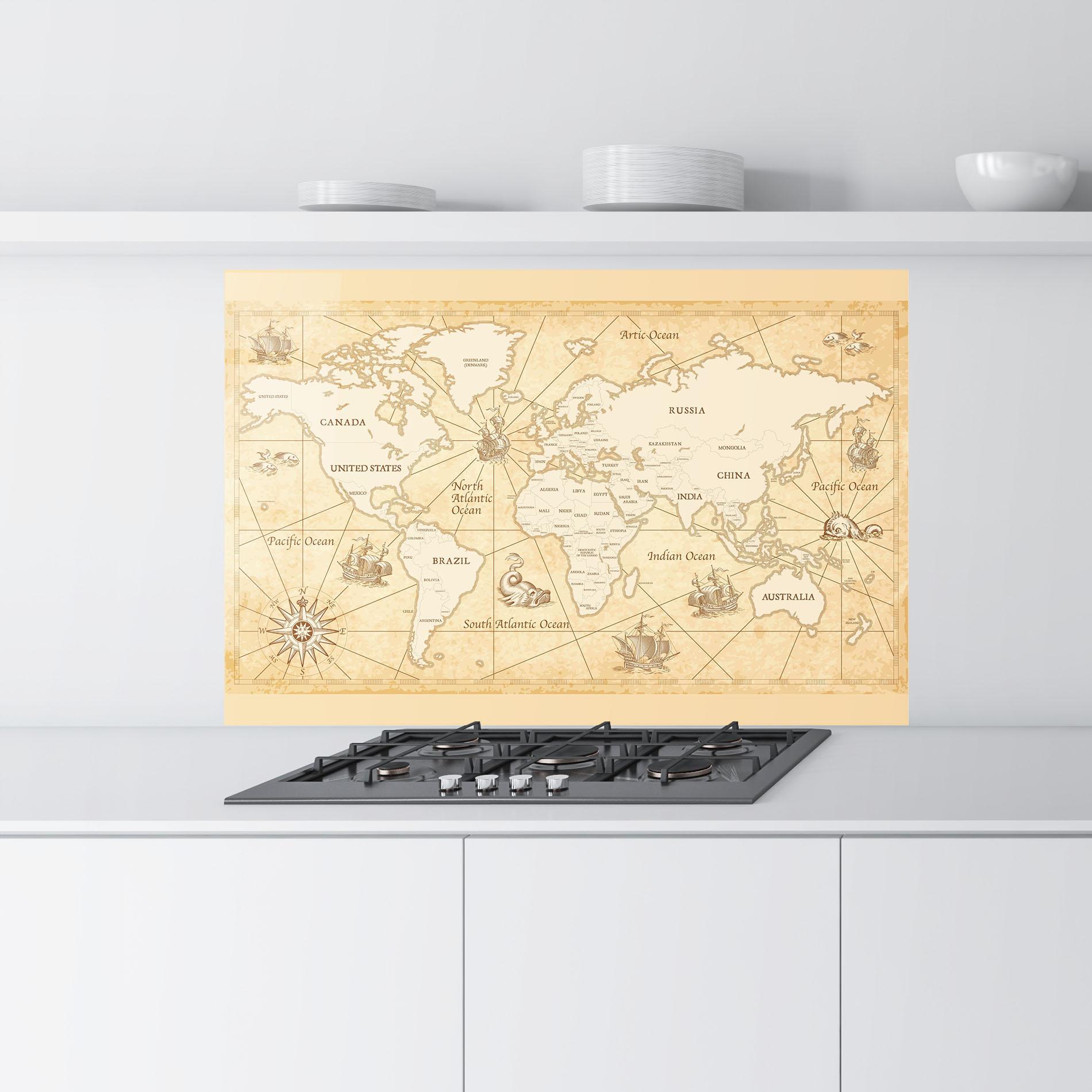 Küchenrückwand Glas Cream Old Map mockup 9
