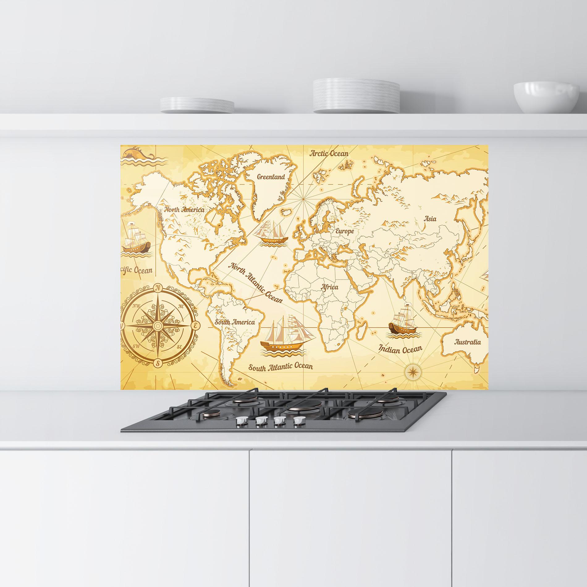 Küchenrückwand Glas Gold Old Map mockup 9