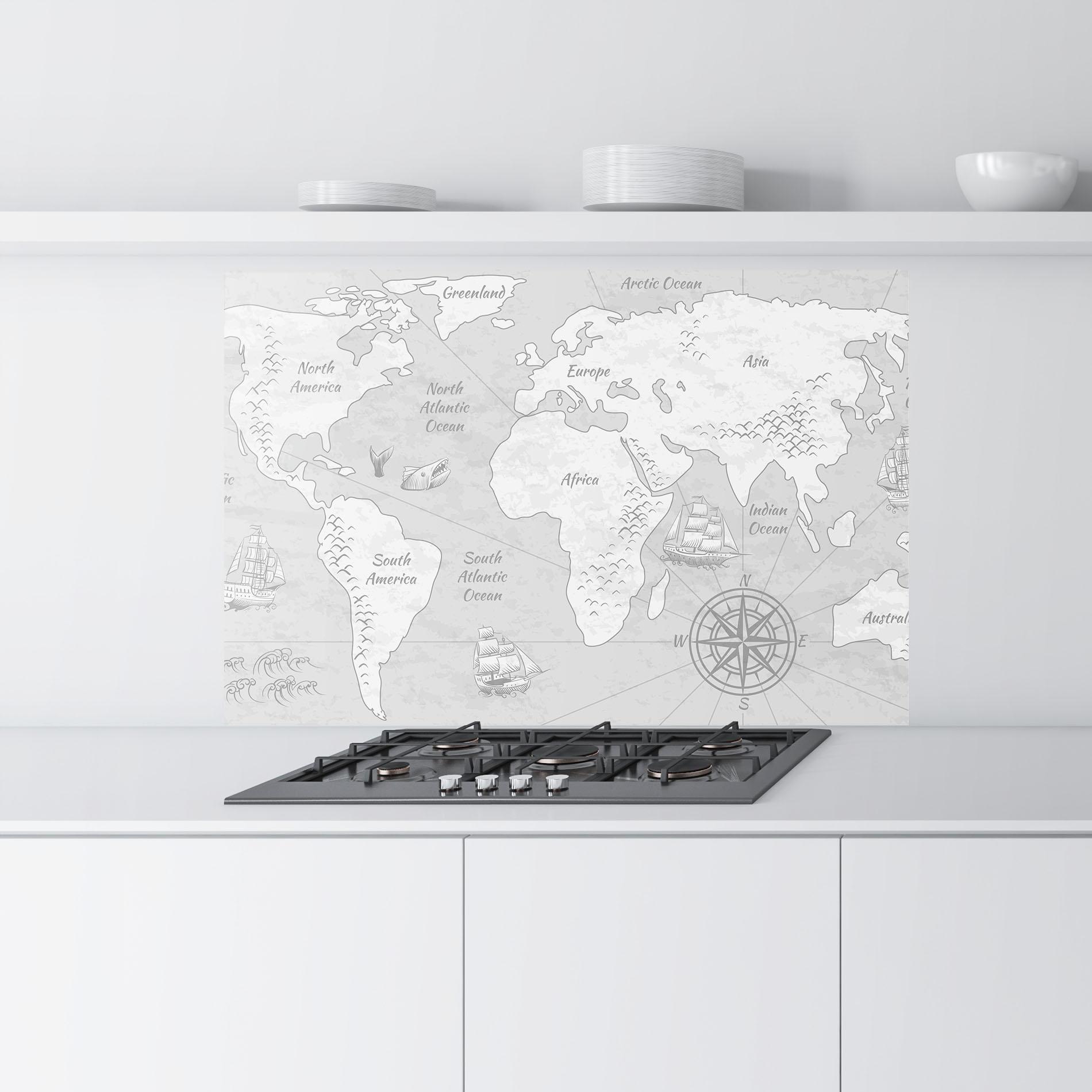 Küchenrückwand Glas Grey Old Map mockup 9