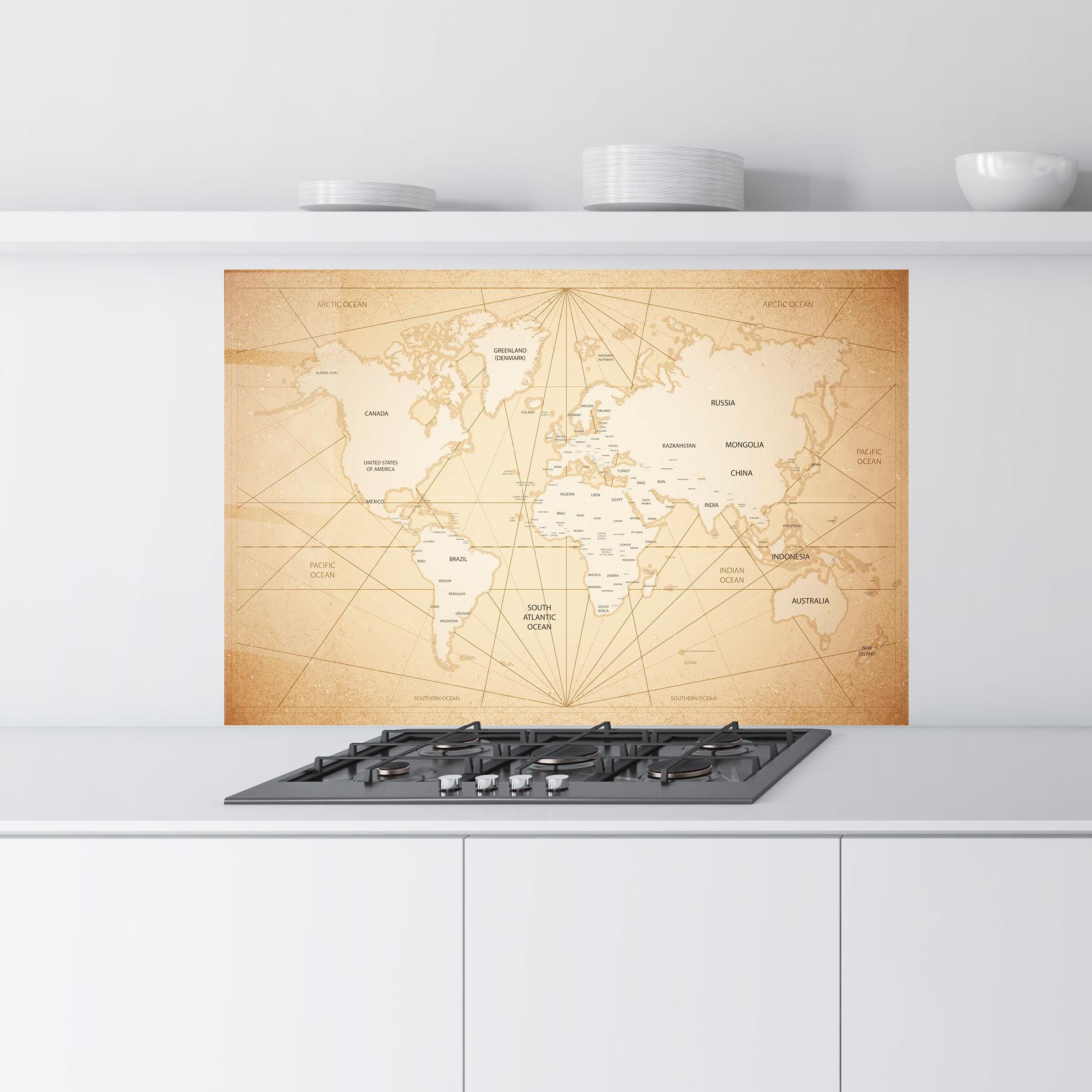 Küchenrückwand Glas World Vintage Map mockup 9