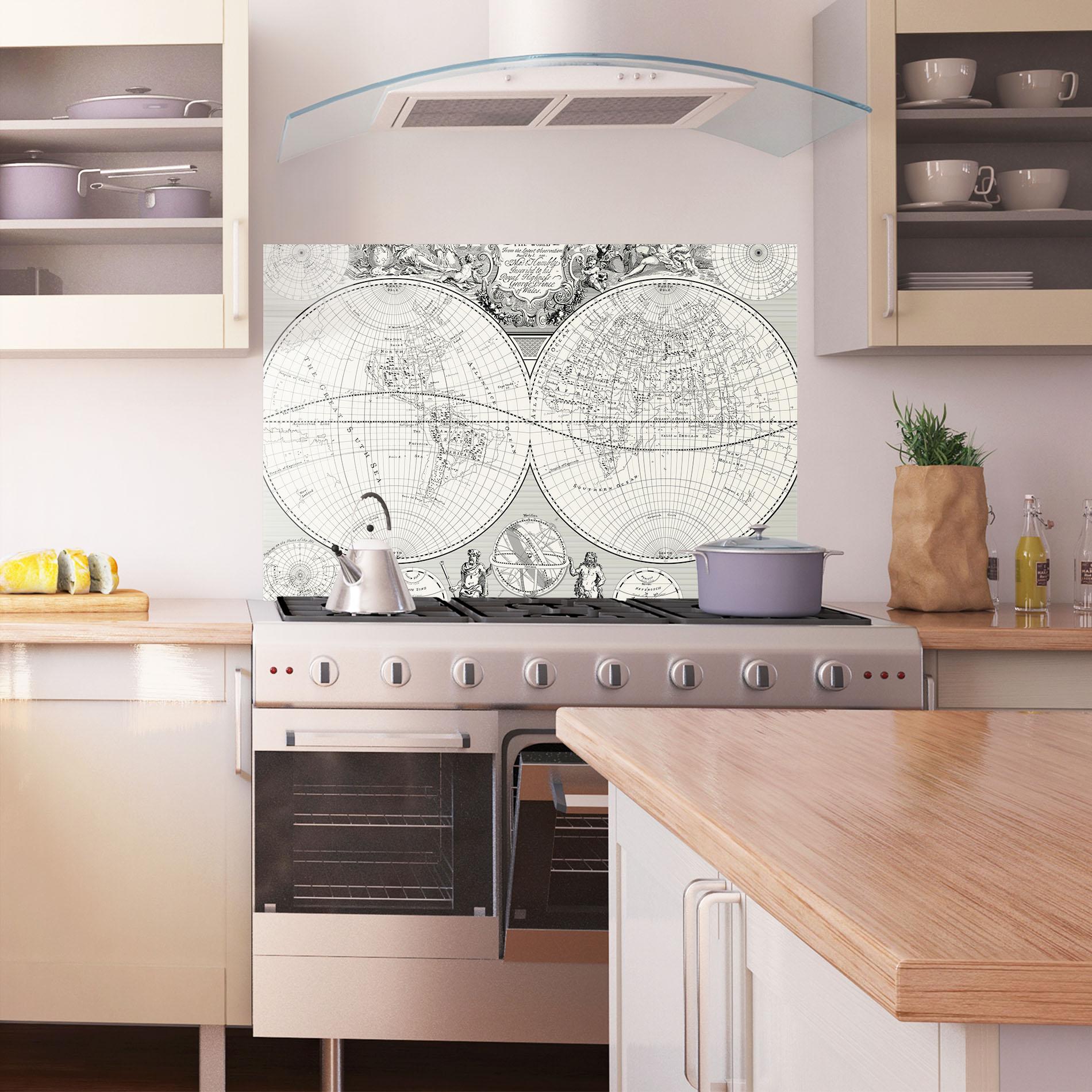 Küchenrückwand Glas Black White Map mockup 1