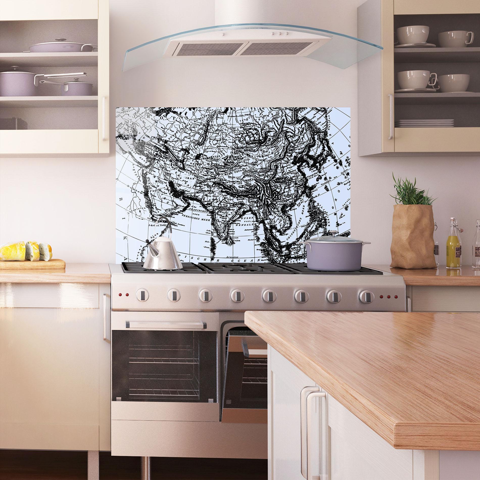 Küchenrückwand Glas Blue Old Map mockup 1