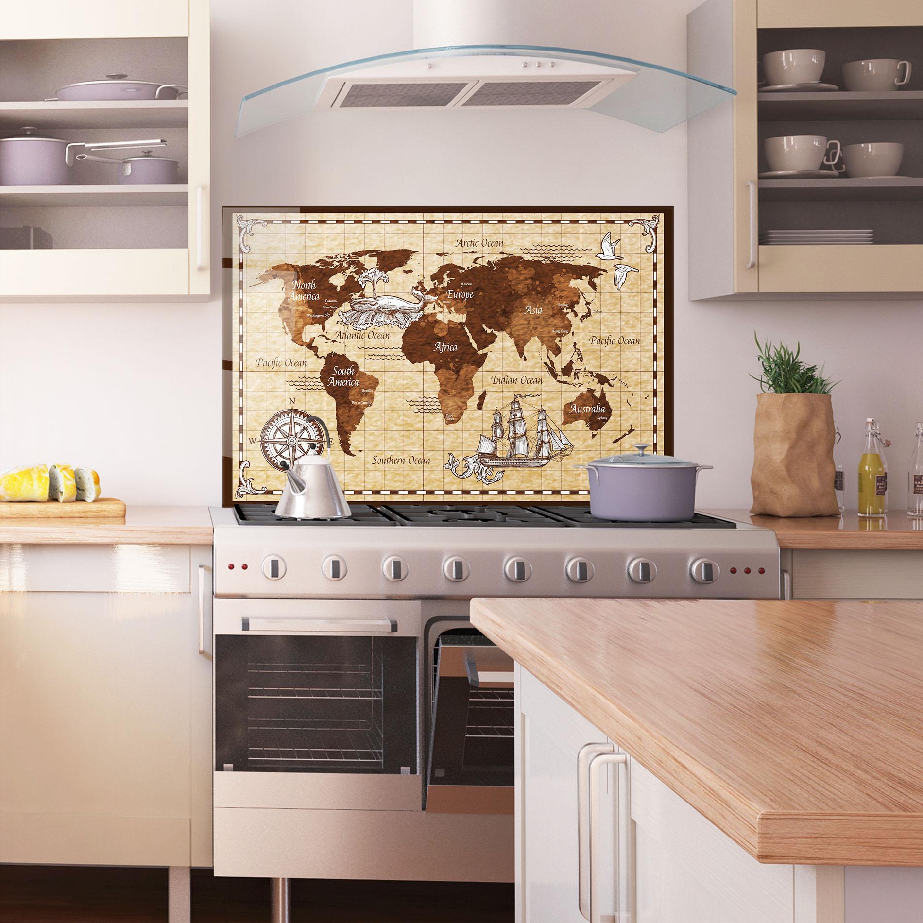 Küchenrückwand Glas Brown Old Map mockup 1