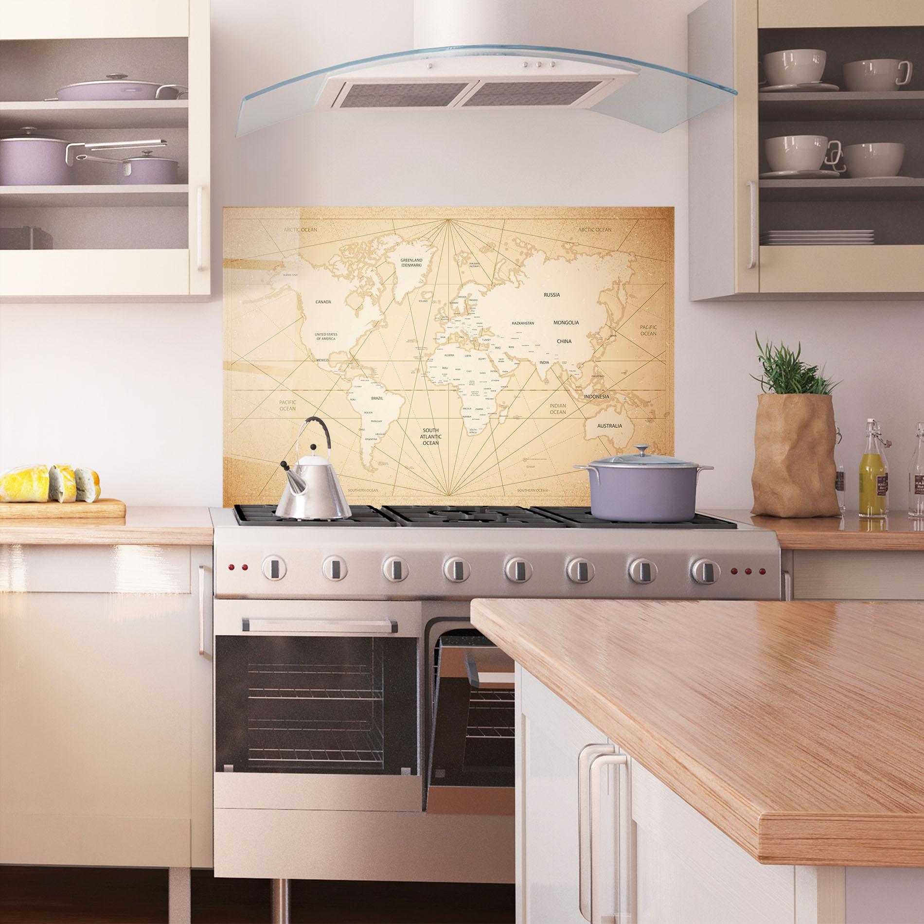 Küchenrückwand Glas World Vintage Map mockup 1