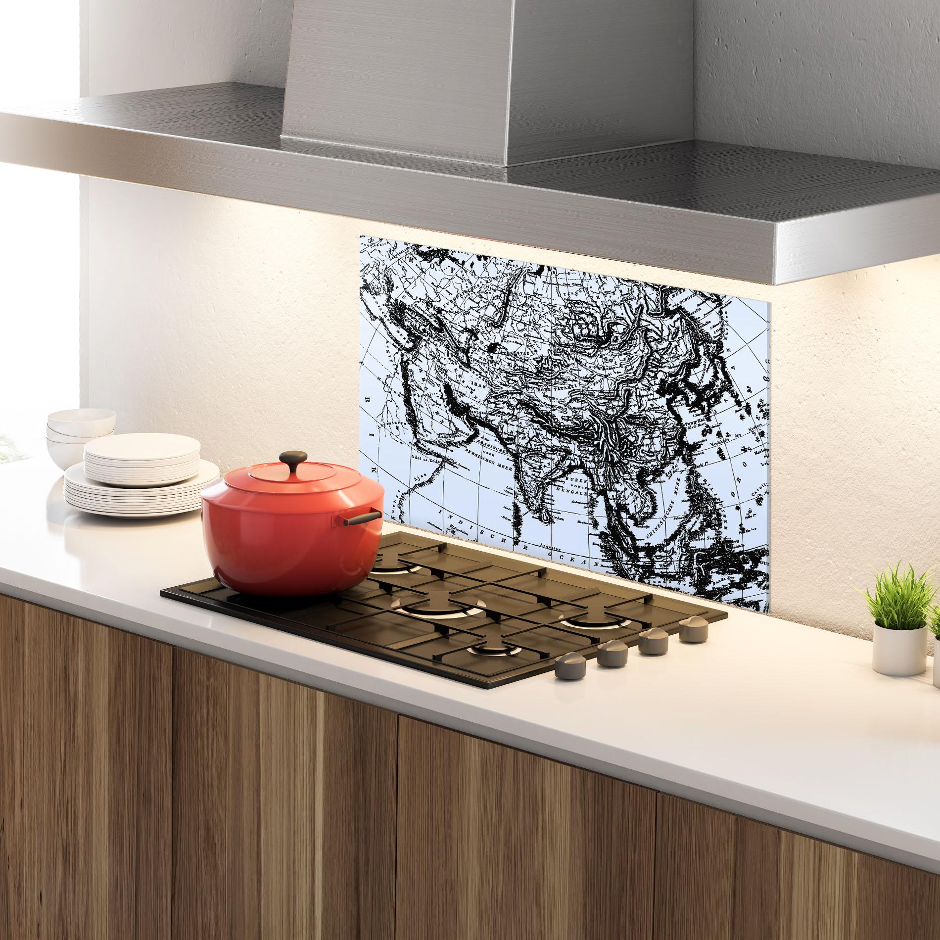 Küchenrückwand Glas Blue Old Map mockup 4