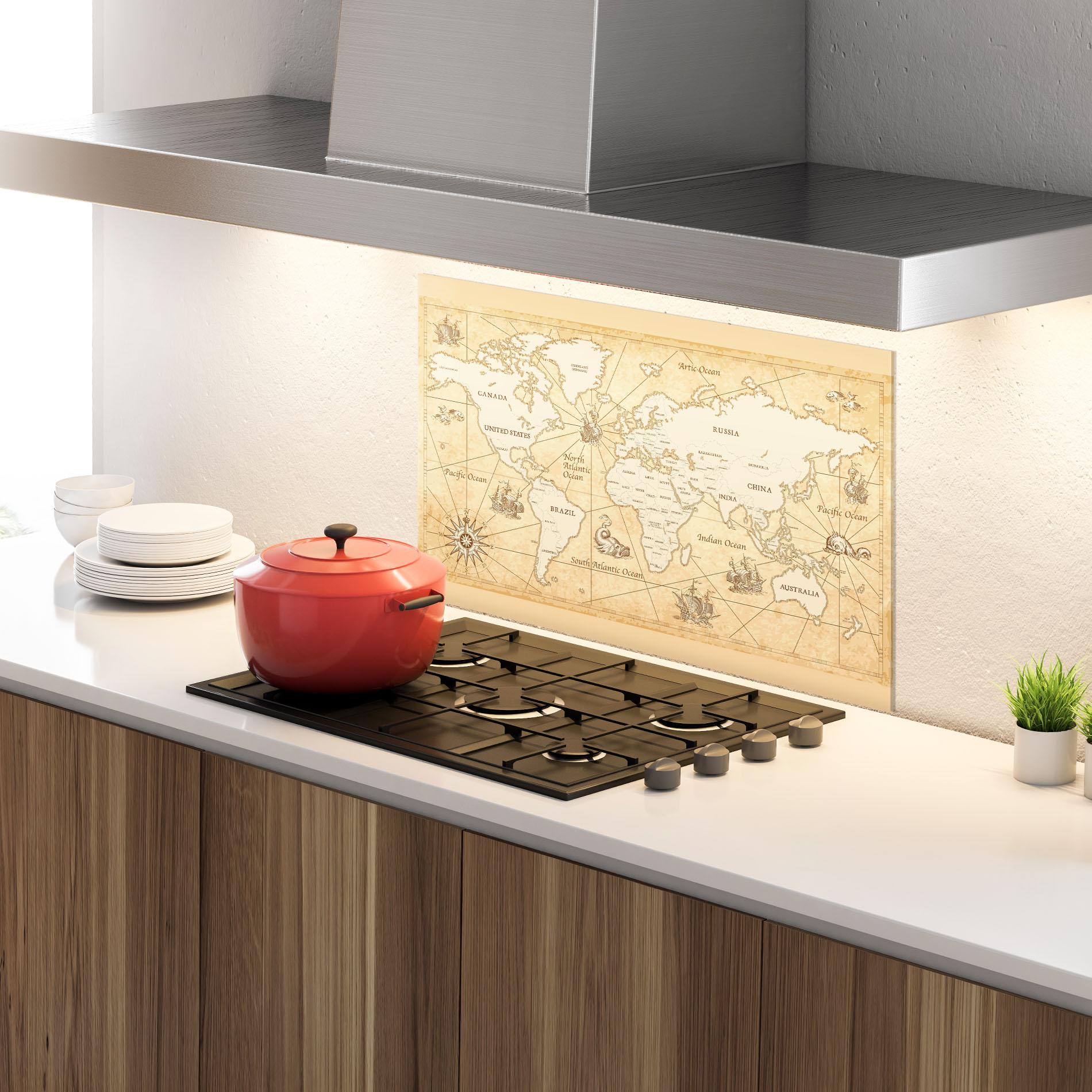 Küchenrückwand Glas Cream Old Map mockup 4