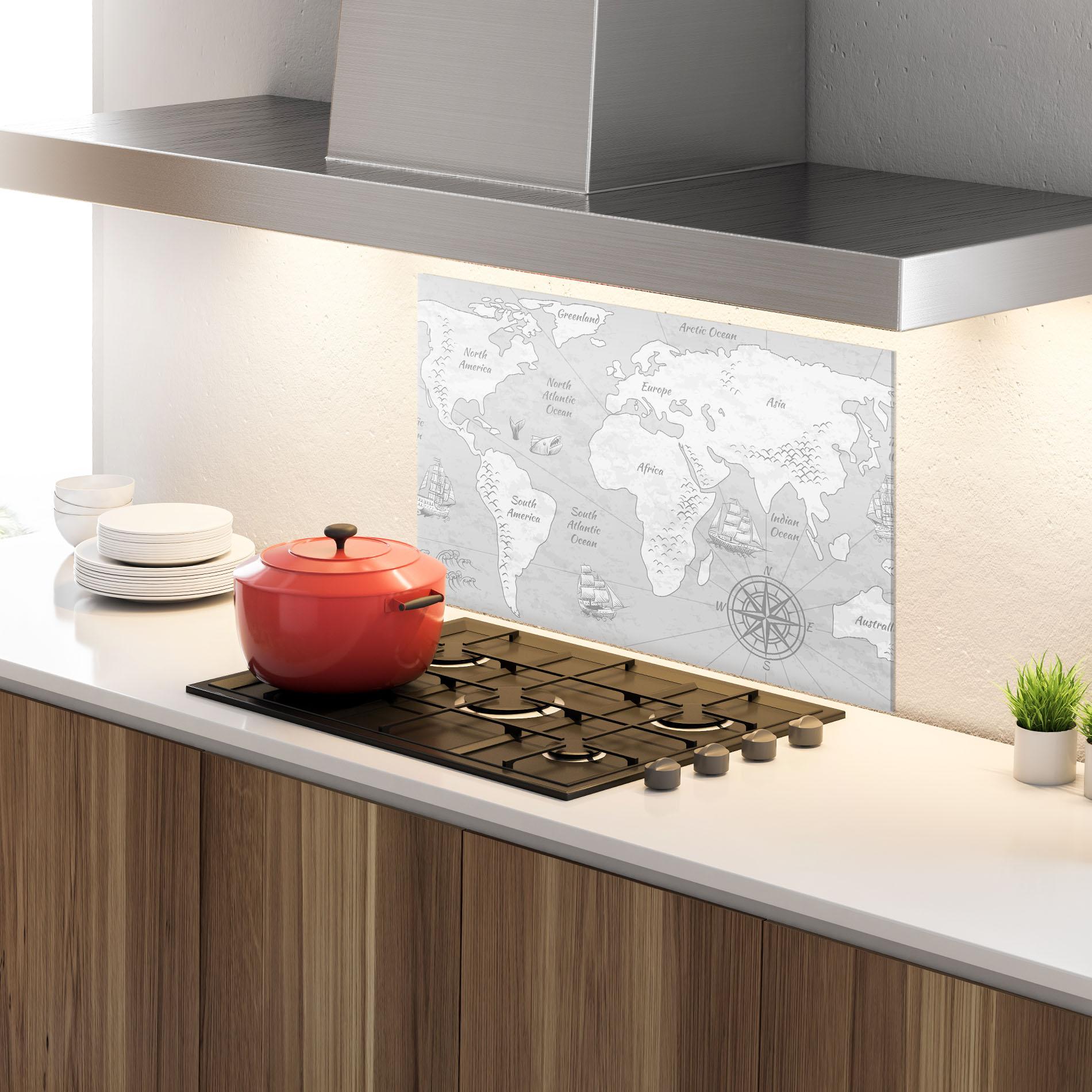 Küchenrückwand Glas Grey Old Map mockup 4