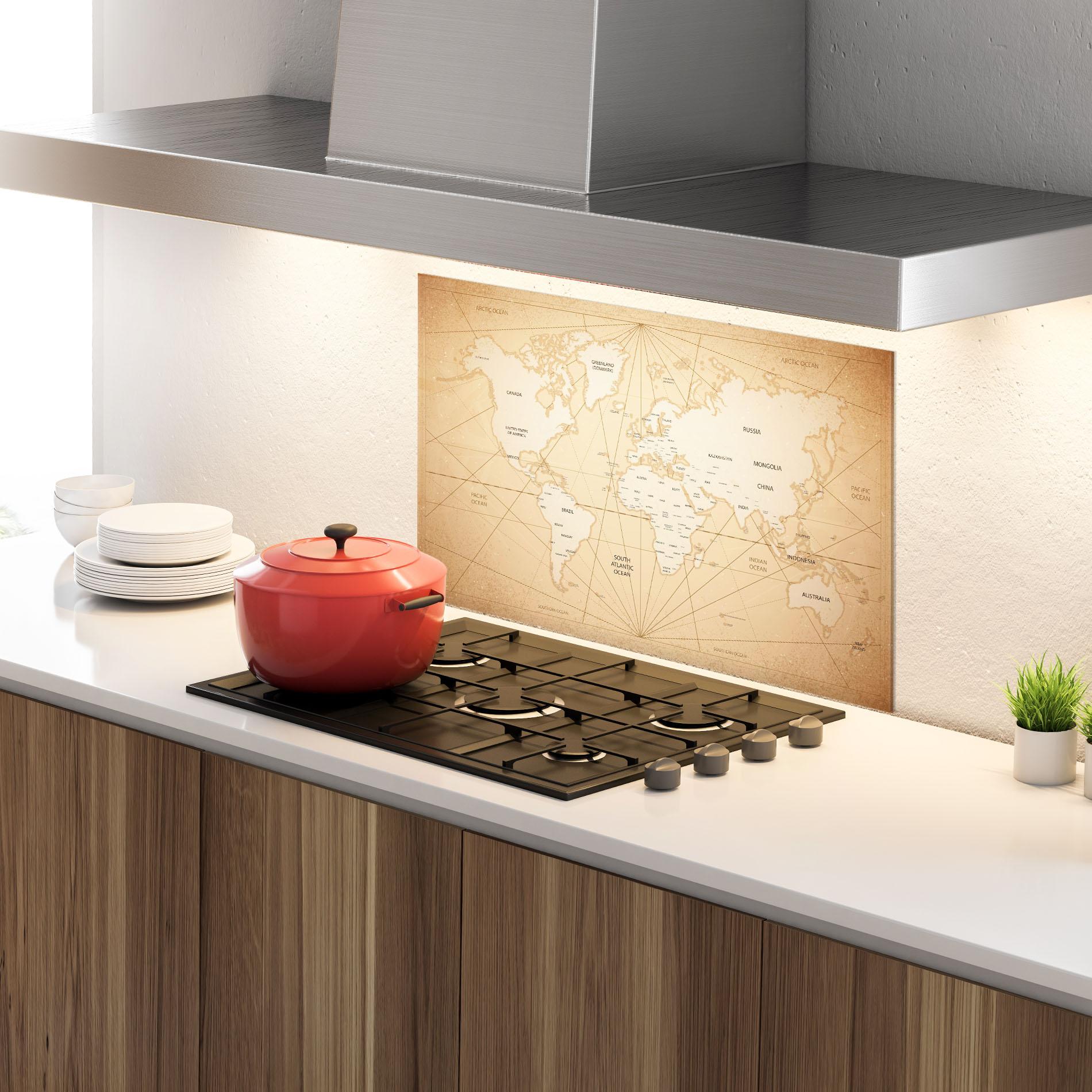 Küchenrückwand Glas World Vintage Map mockup 4